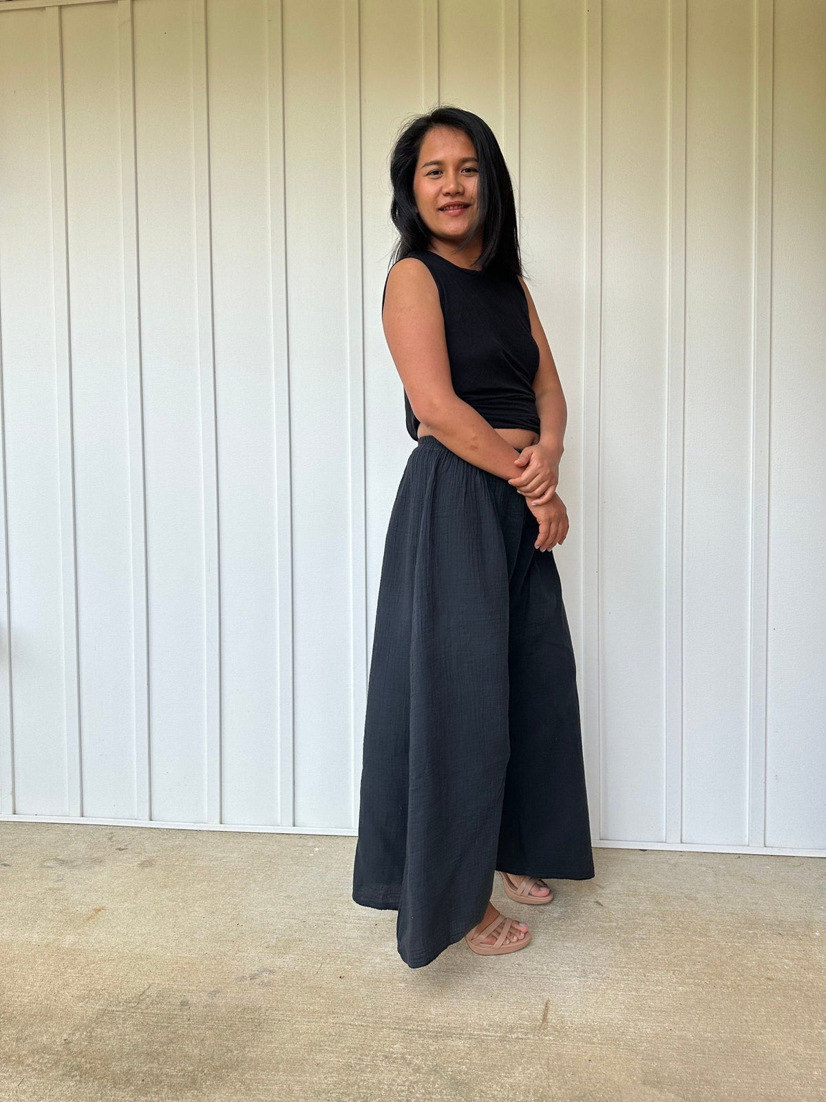 Vivian Wide-Leg Cotton Pants in Black-VV-4-Mala Handworks