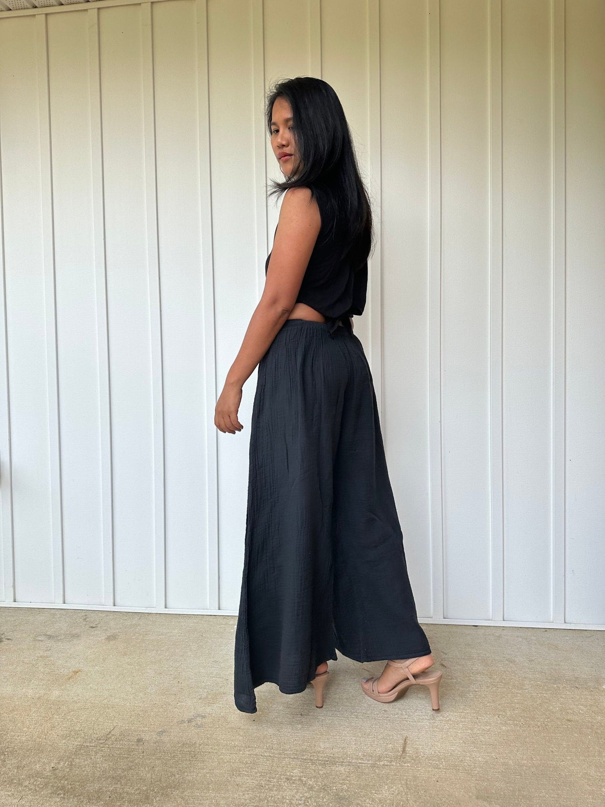 Vivian Wide-Leg Cotton Pants in Black-VV-4-Mala Handworks