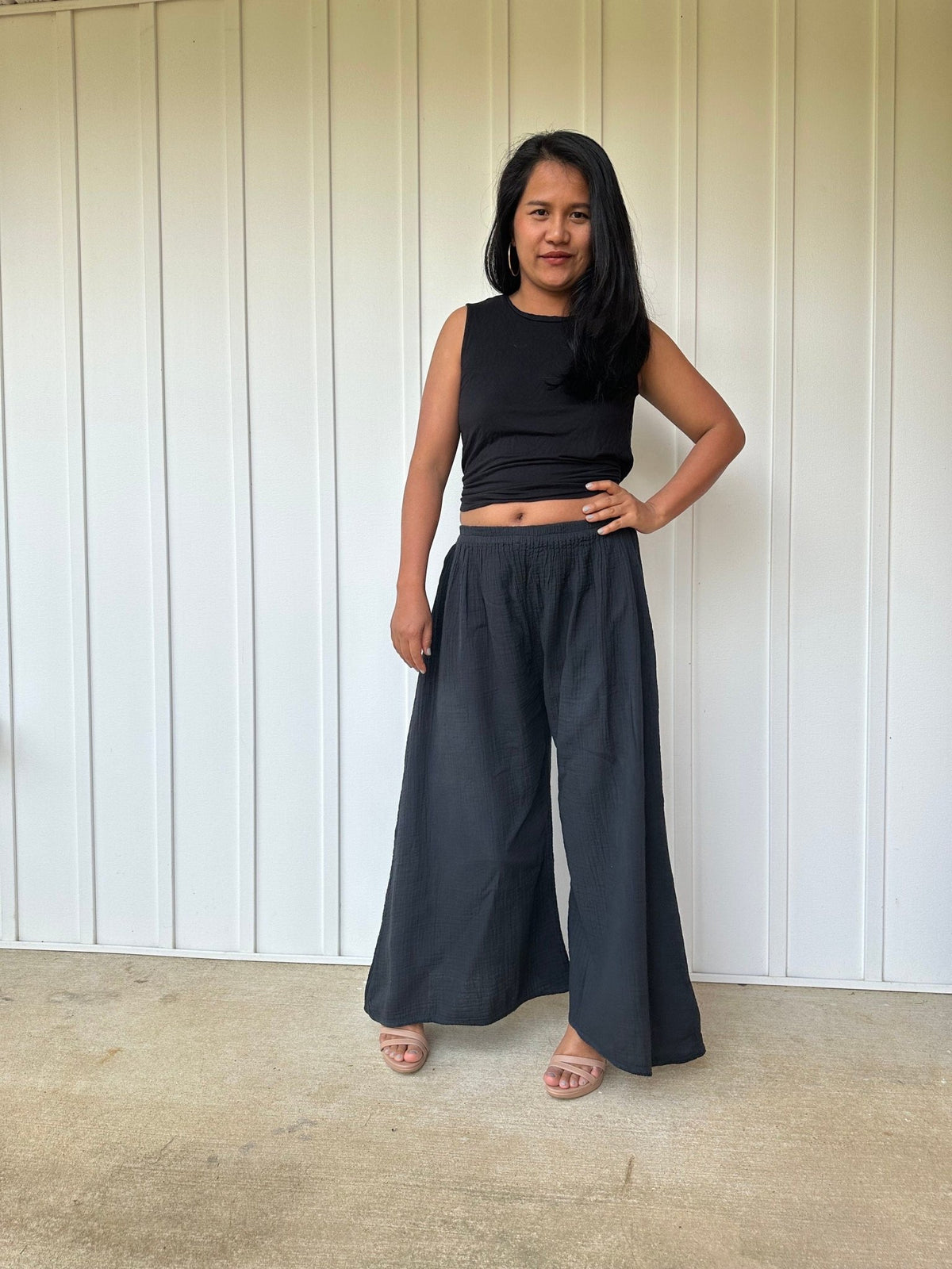 Vivian Wide-Leg Cotton Pants in Black-VV-4-Mala Handworks