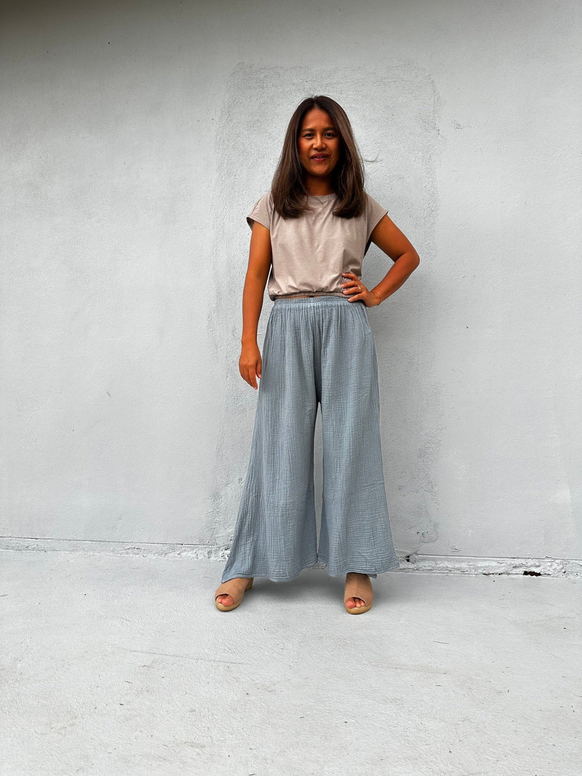 Vivian Wide-Leg Cotton Pants in Mist-VV-10-Mala Handworks