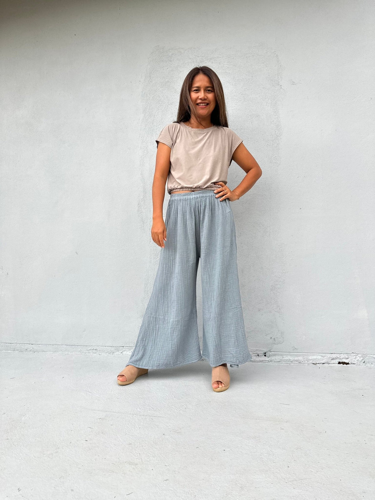 Vivian Wide-Leg Cotton Pants in Mist-VV-10-Mala Handworks