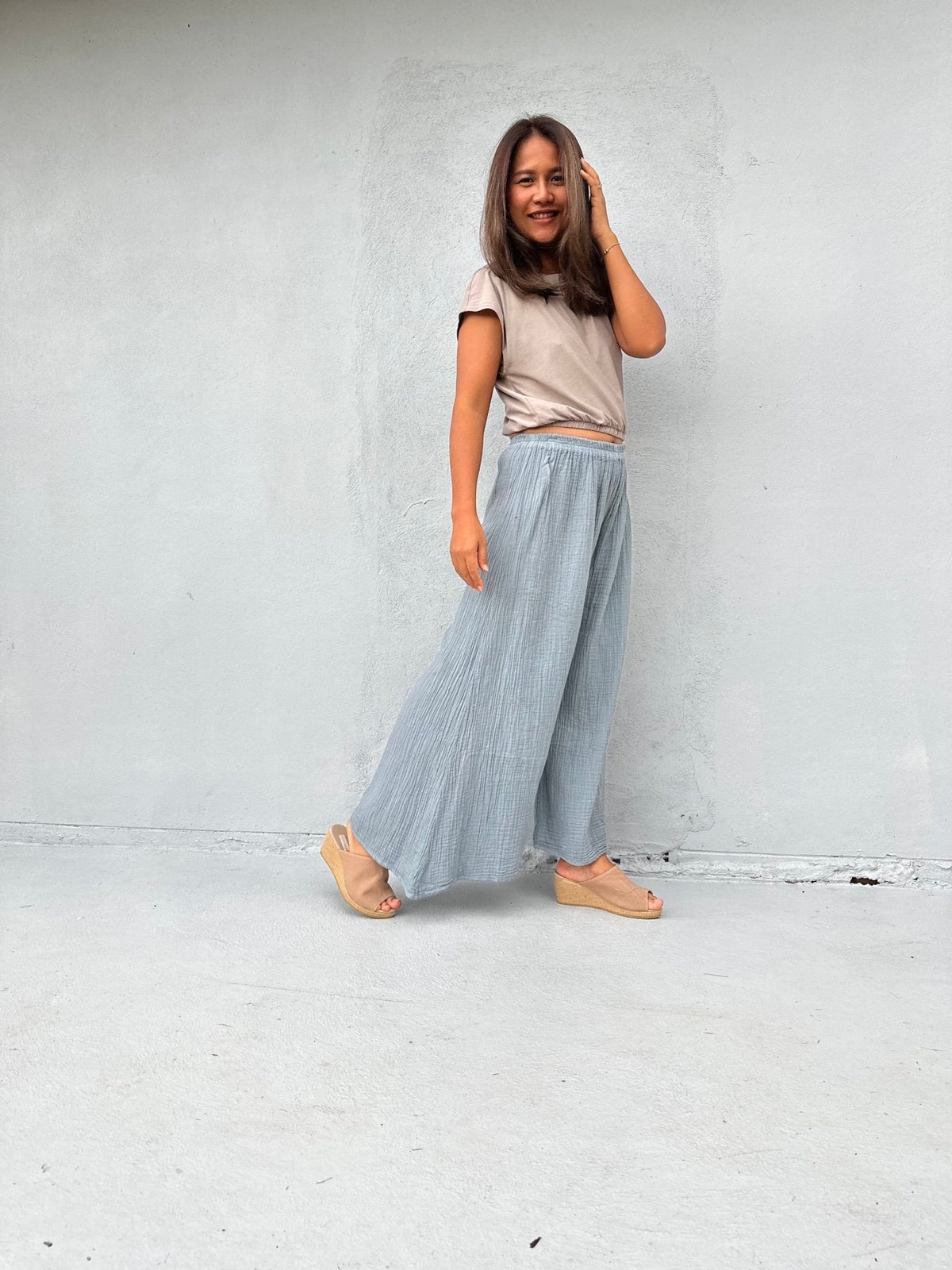 Vivian Wide-Leg Cotton Pants in Mist-VV-10-Mala Handworks