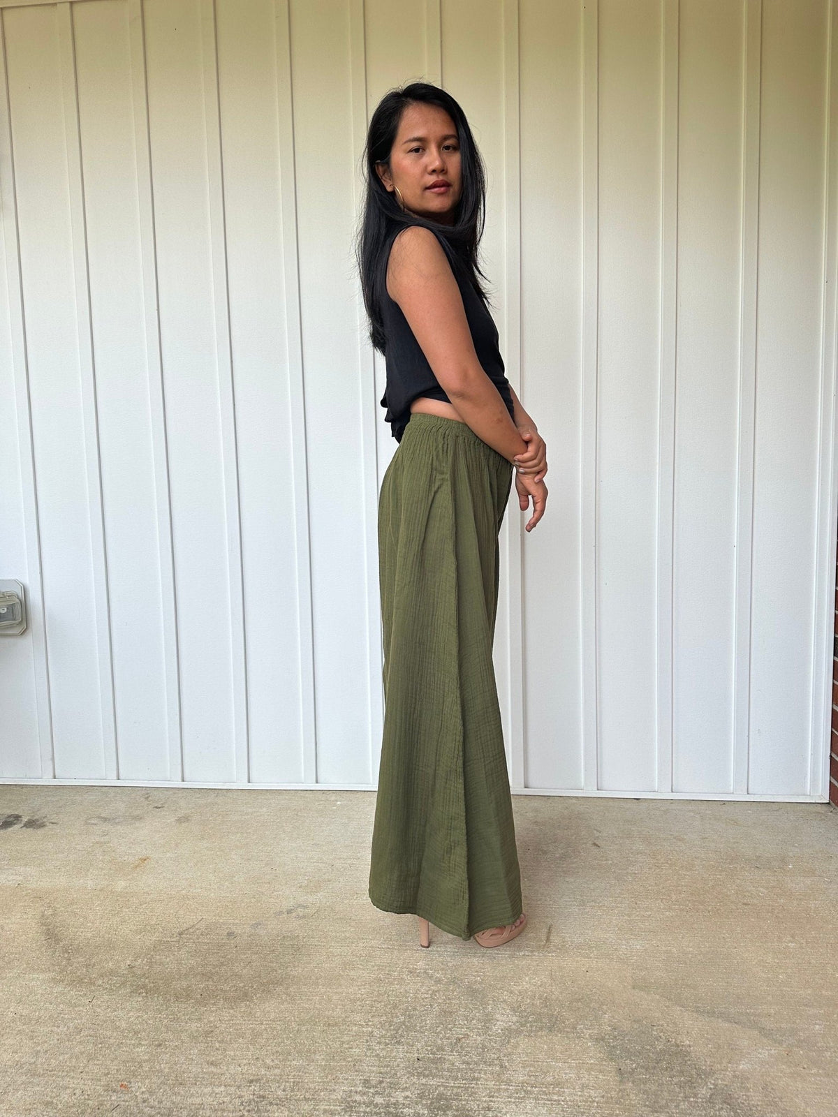 Vivian Wide-Leg Cotton Pants in Olive-VV-5-Mala Handworks