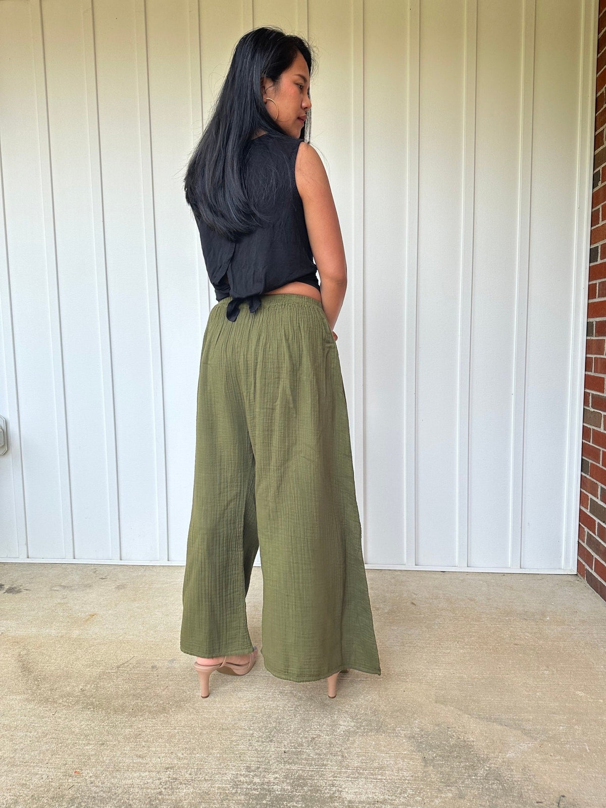 Vivian Wide-Leg Cotton Pants in Olive-VV-5-Mala Handworks