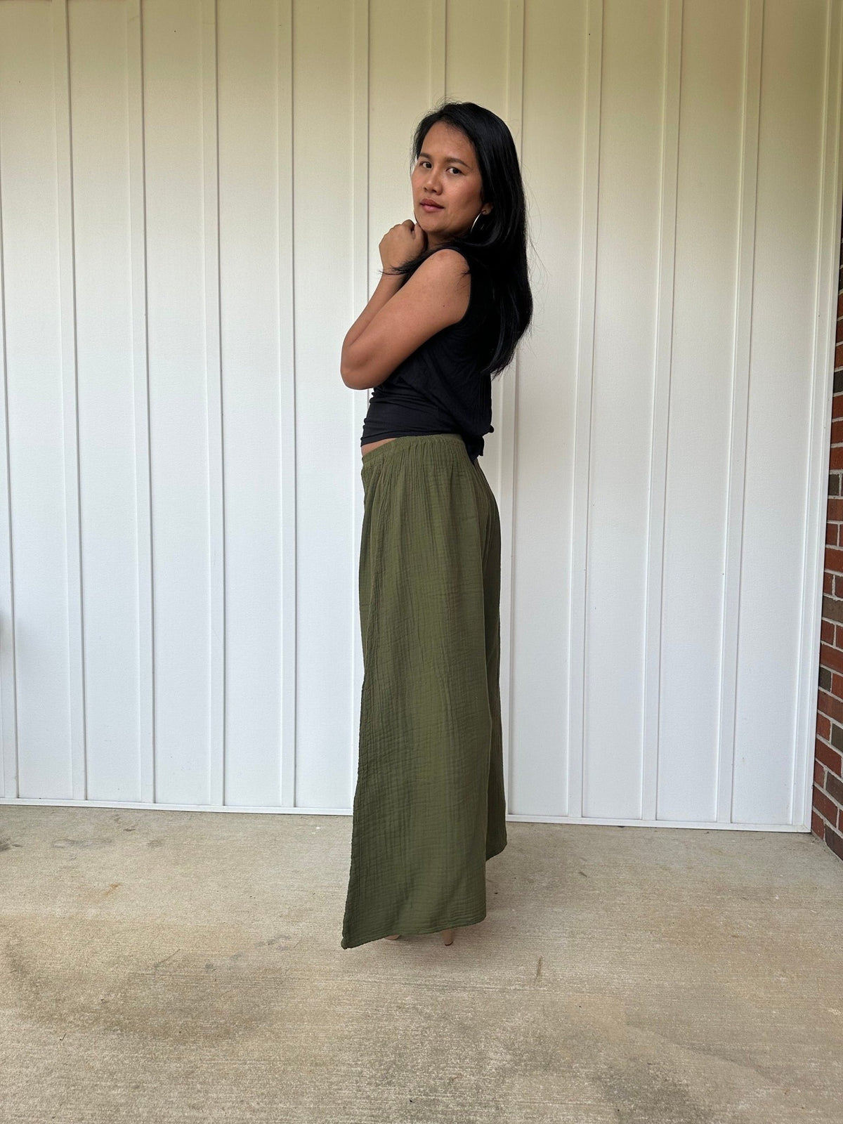 Vivian Wide-Leg Cotton Pants in Olive-VV-5-Mala Handworks