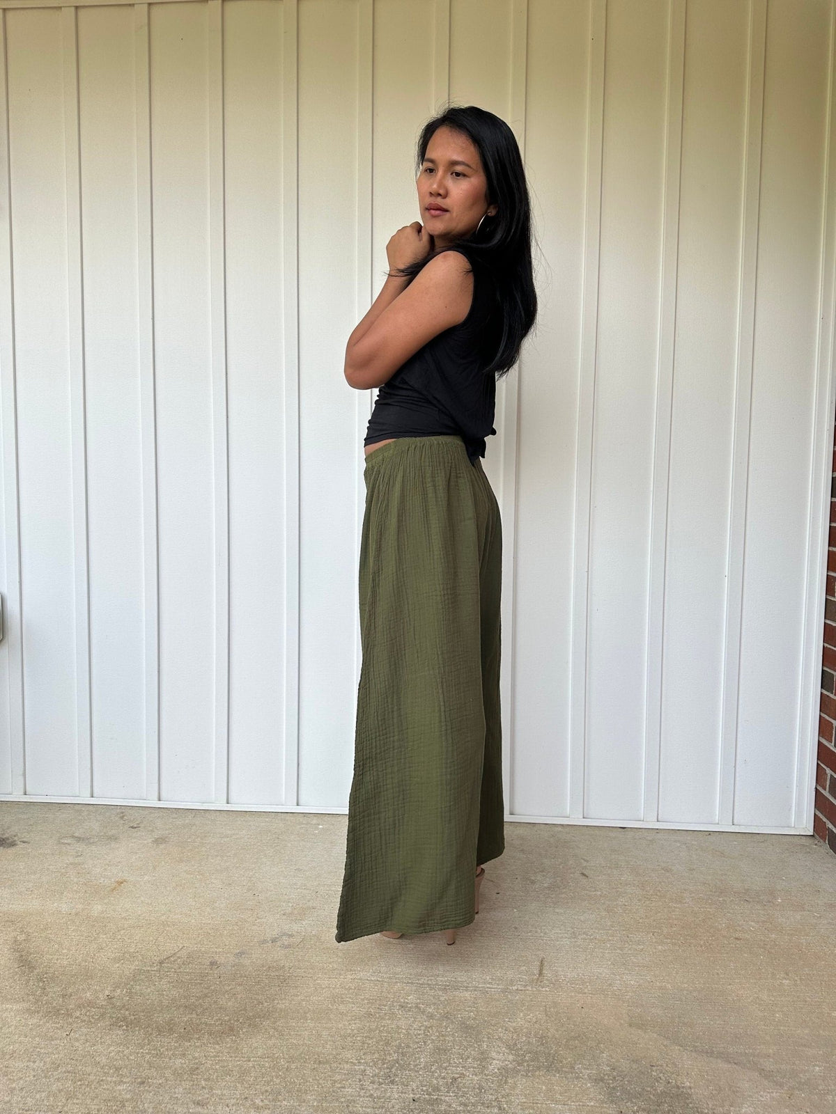 Vivian Wide-Leg Cotton Pants in Olive-VV-5-Mala Handworks