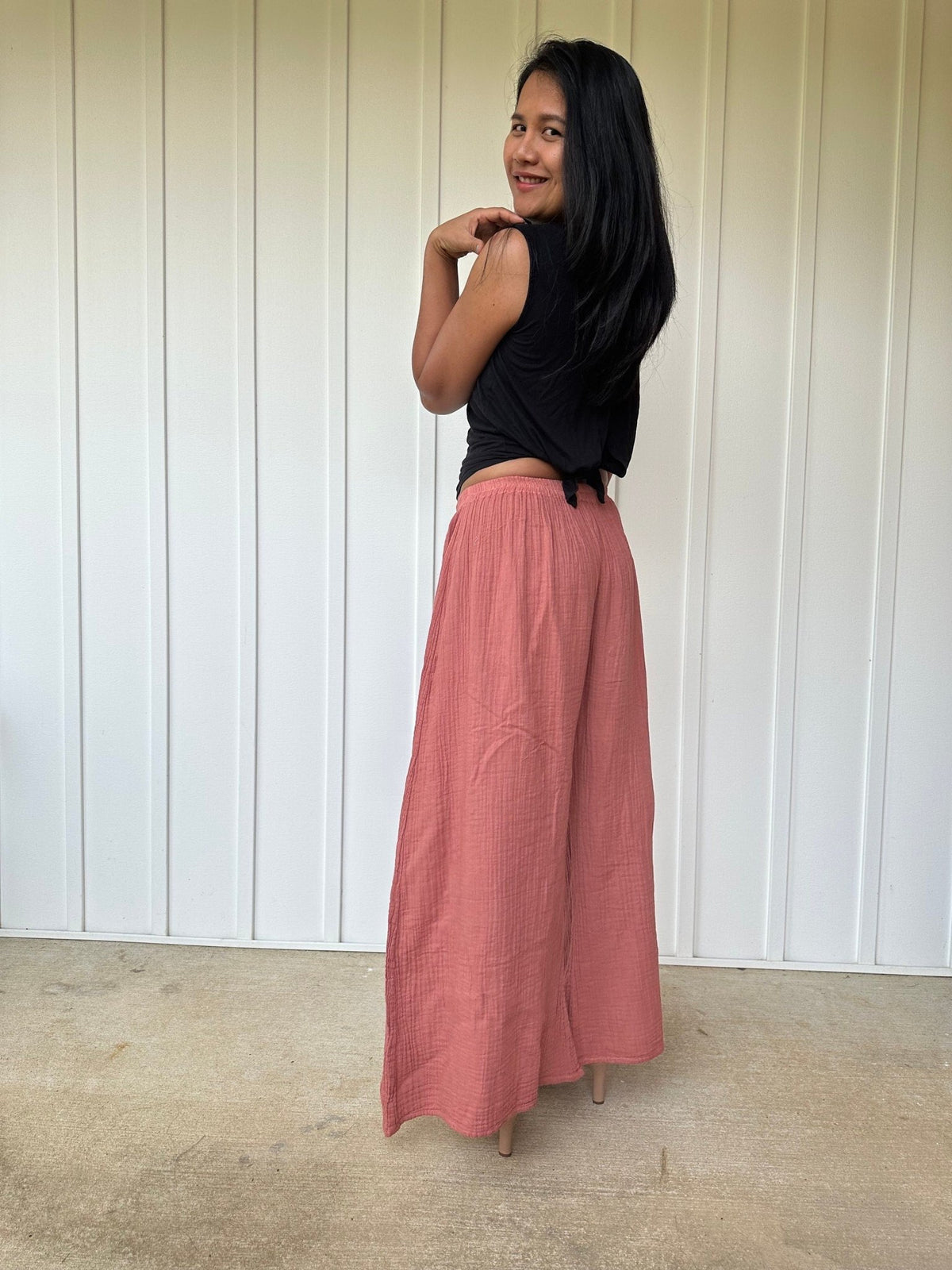 Vivian Wide-Leg Cotton Pants in Salmon-VV-2-Mala Handworks