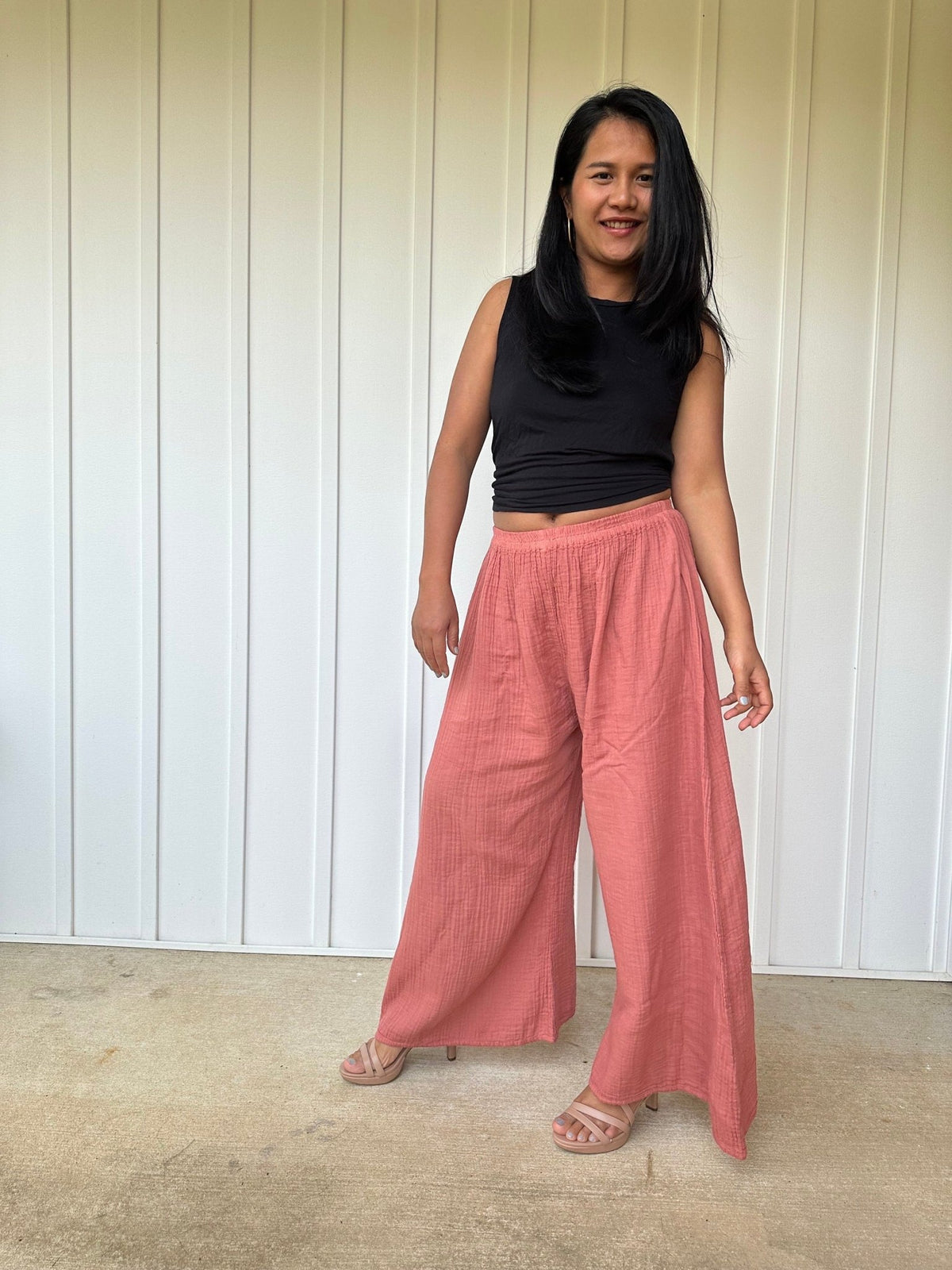 Vivian Wide-Leg Cotton Pants in Salmon-VV-2-Mala Handworks
