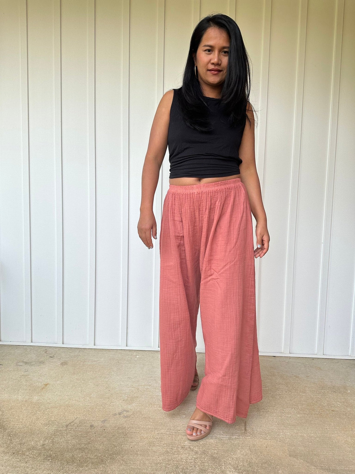 Vivian Wide-Leg Cotton Pants in Salmon-VV-2-Mala Handworks
