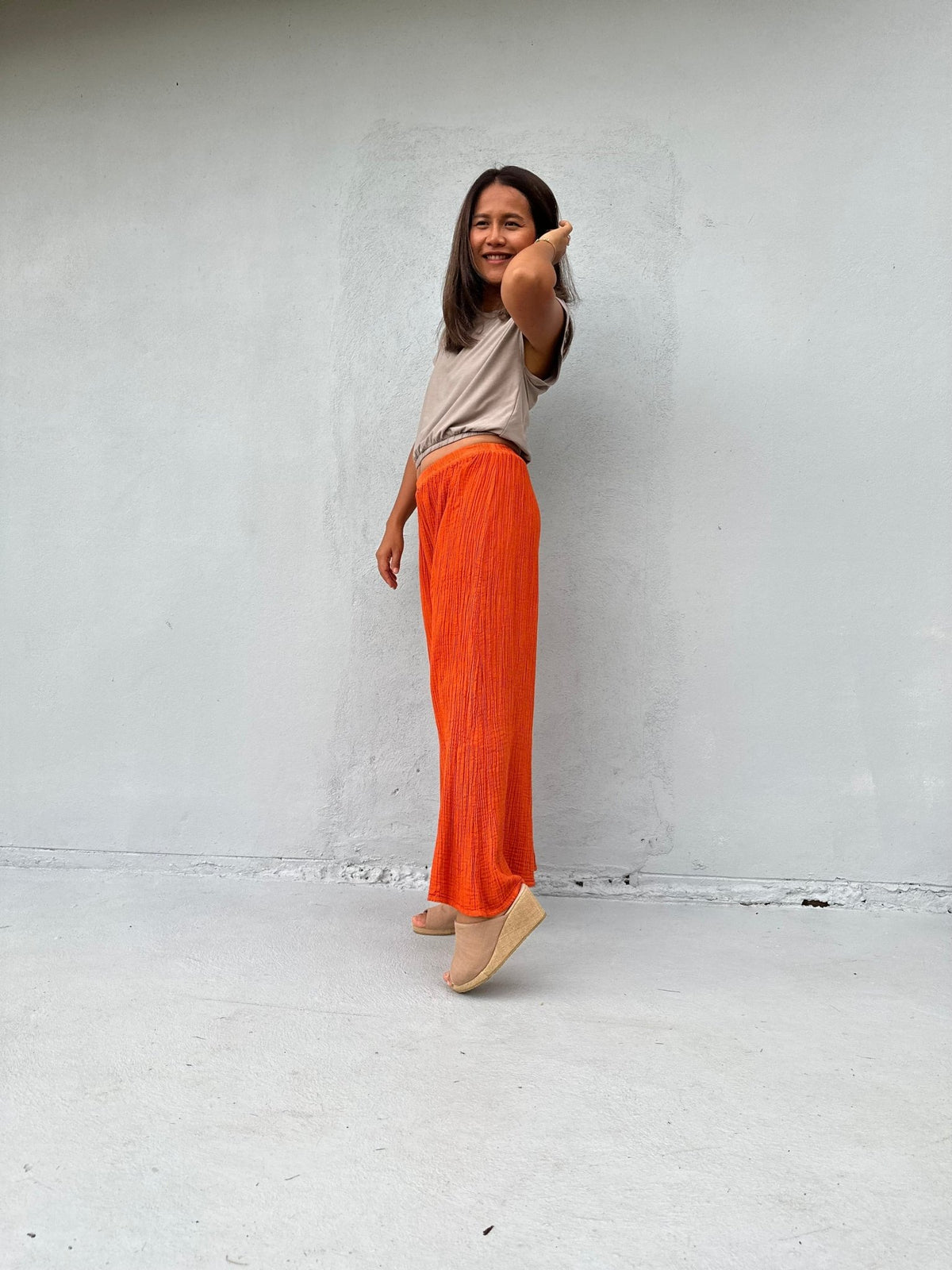 Vivian Wide-Leg Cotton Pants in Tangerine-VV-8-Mala Handworks