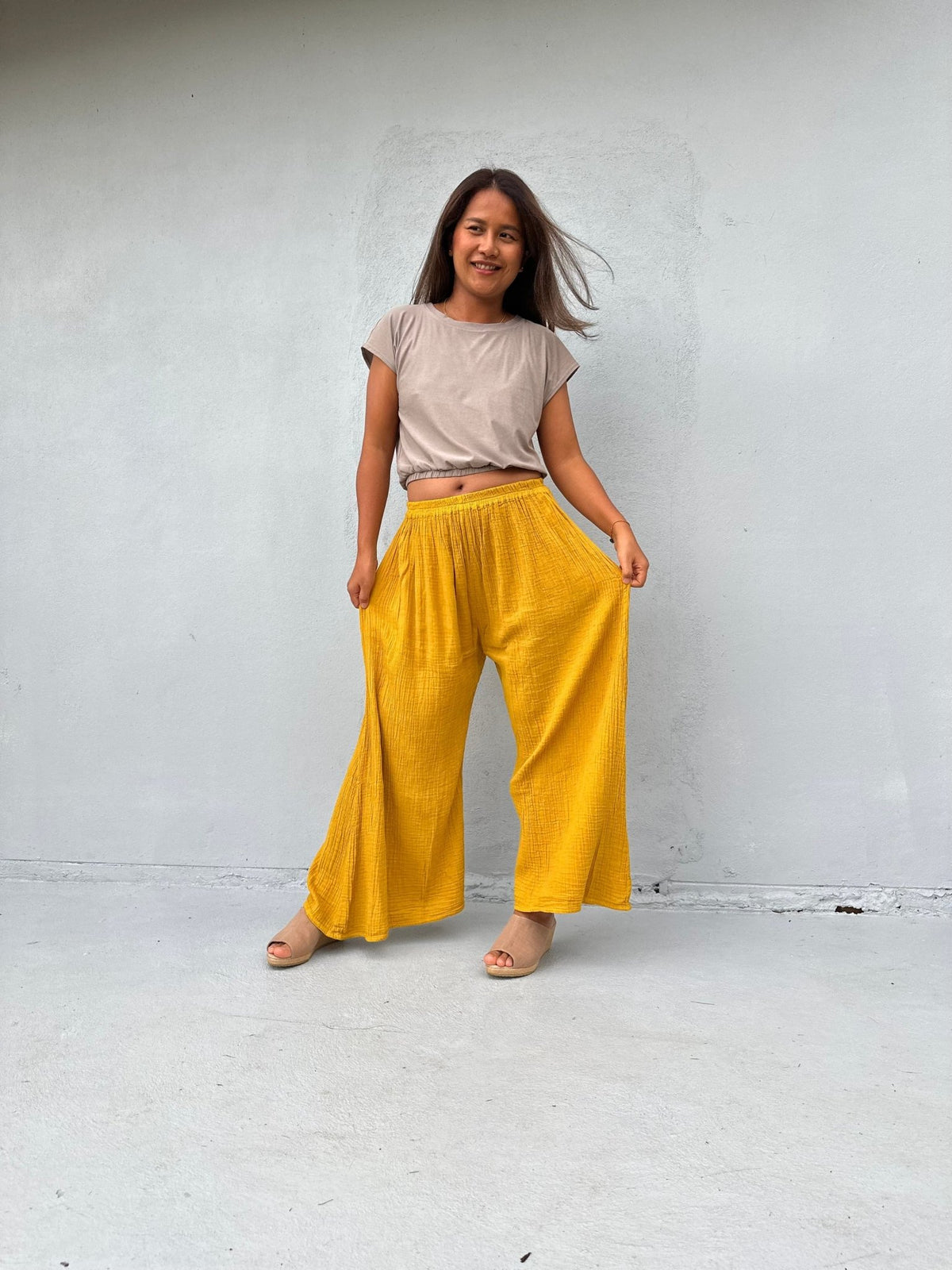 Vivian Wide-Leg Cotton Pants in Turmeric-VV-11-Mala Handworks