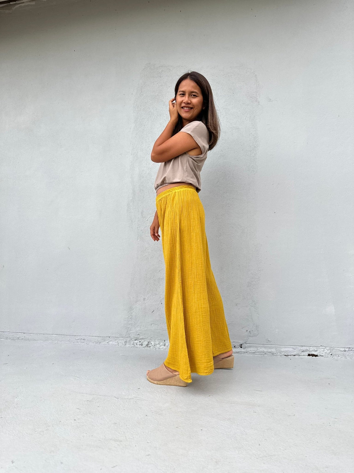 Vivian Wide-Leg Cotton Pants in Turmeric-VV-11-Mala Handworks