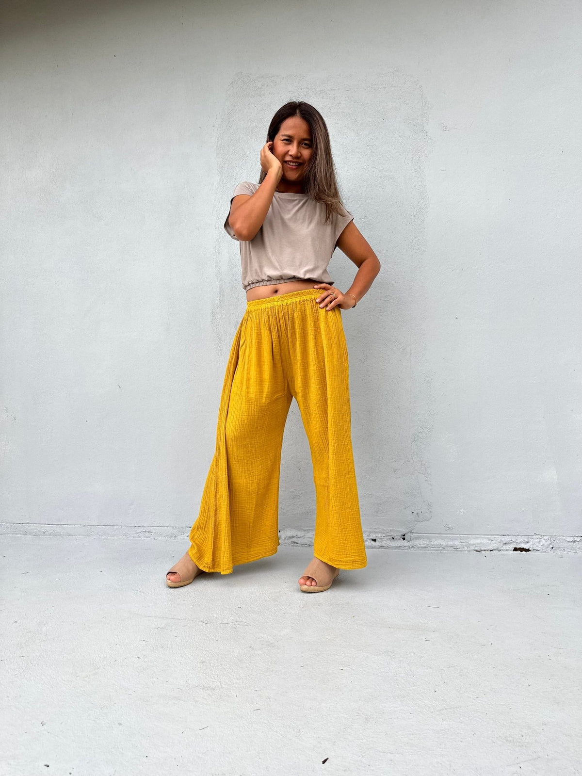 Vivian Wide-Leg Cotton Pants in Turmeric-VV-11-Mala Handworks