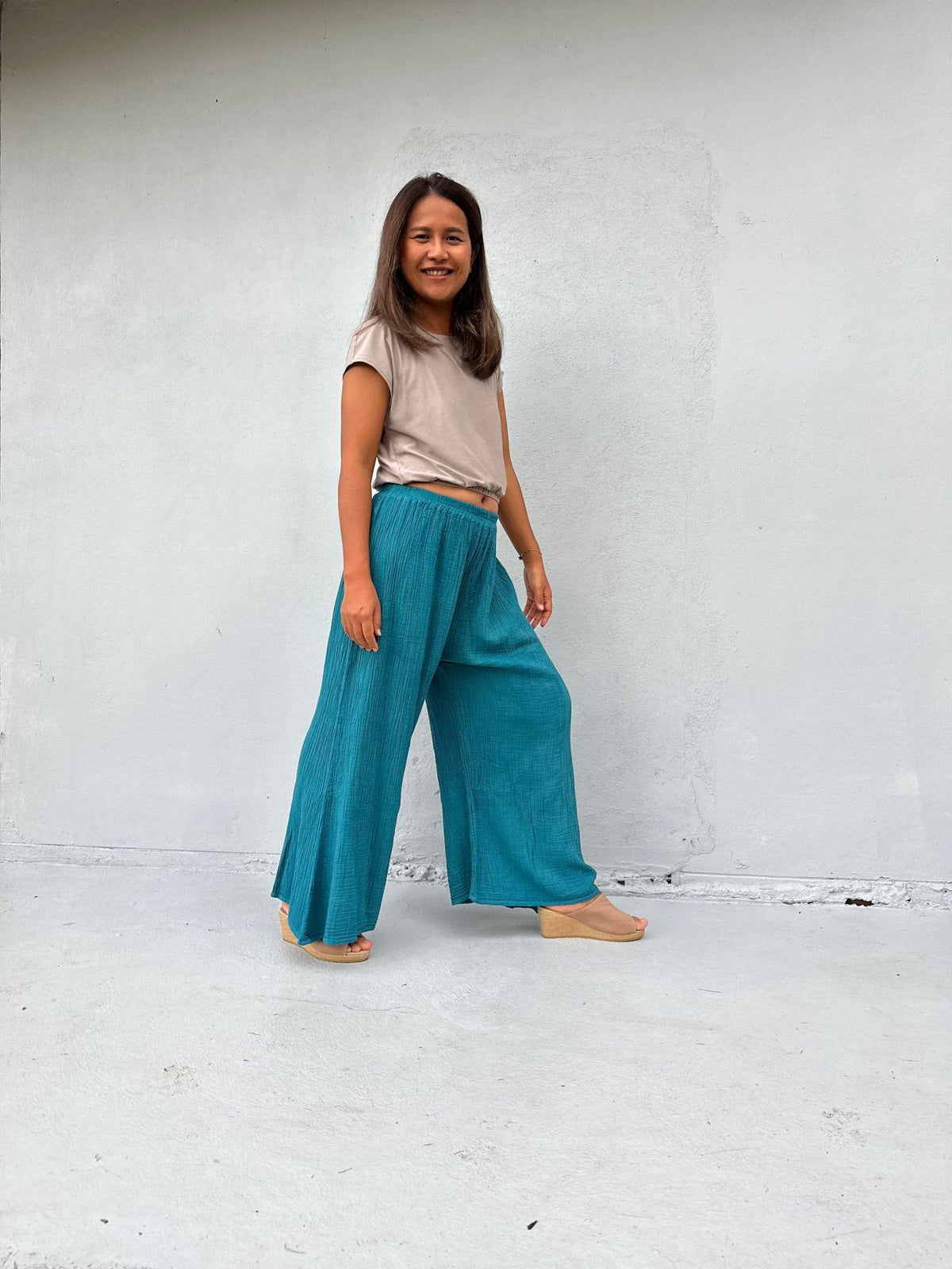 Vivian Wide-Leg Cotton Pants in Turquoise-VV-9-Mala Handworks
