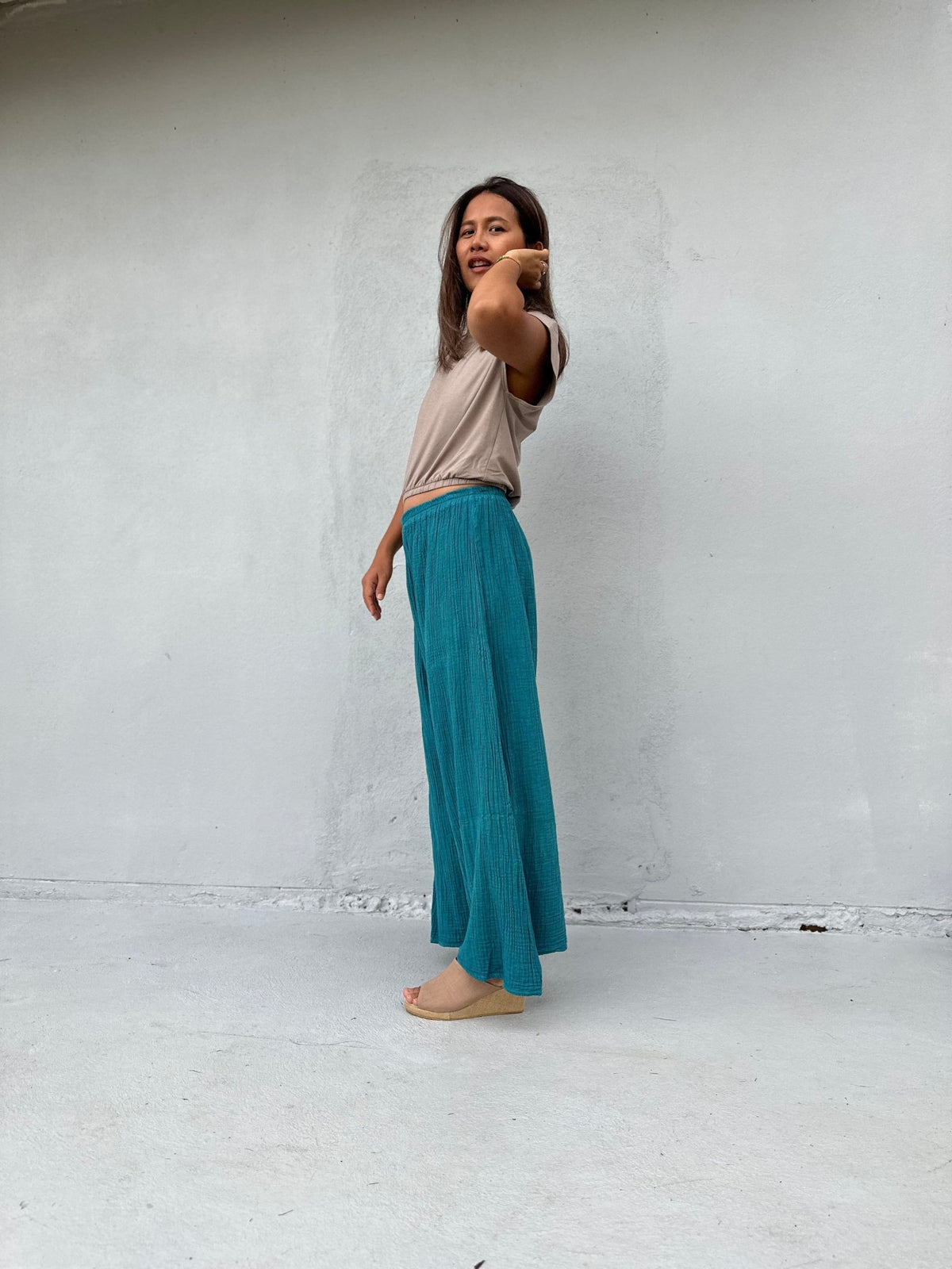 Vivian Wide-Leg Cotton Pants in Turquoise-VV-9-Mala Handworks