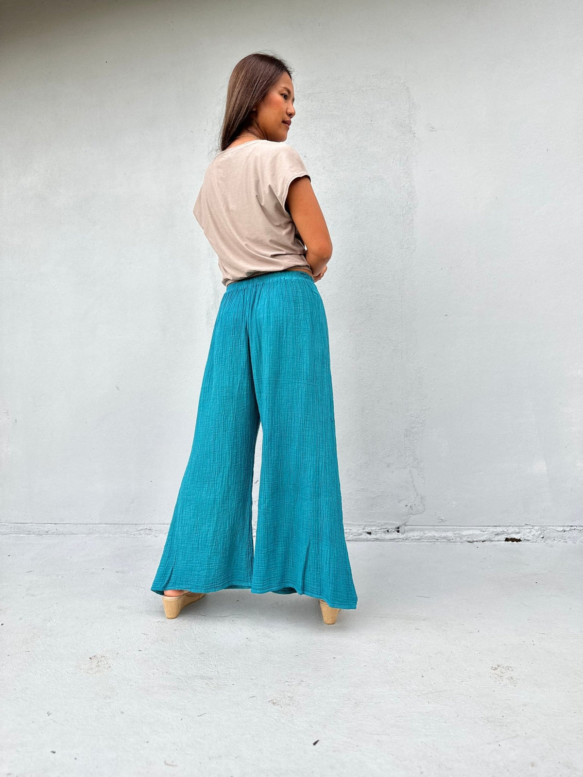 Vivian Wide-Leg Cotton Pants in Turquoise-VV-9-Mala Handworks