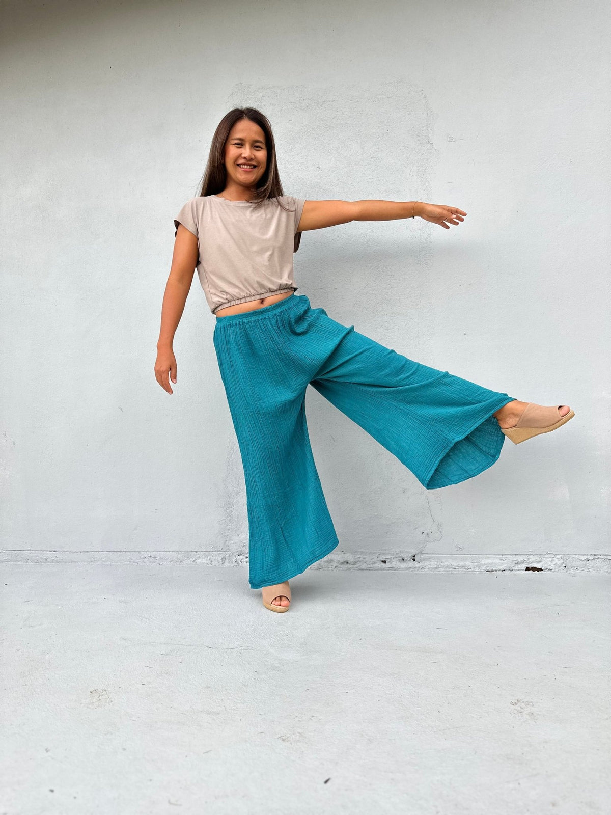 Vivian Wide-Leg Cotton Pants in Turquoise-VV-9-Mala Handworks