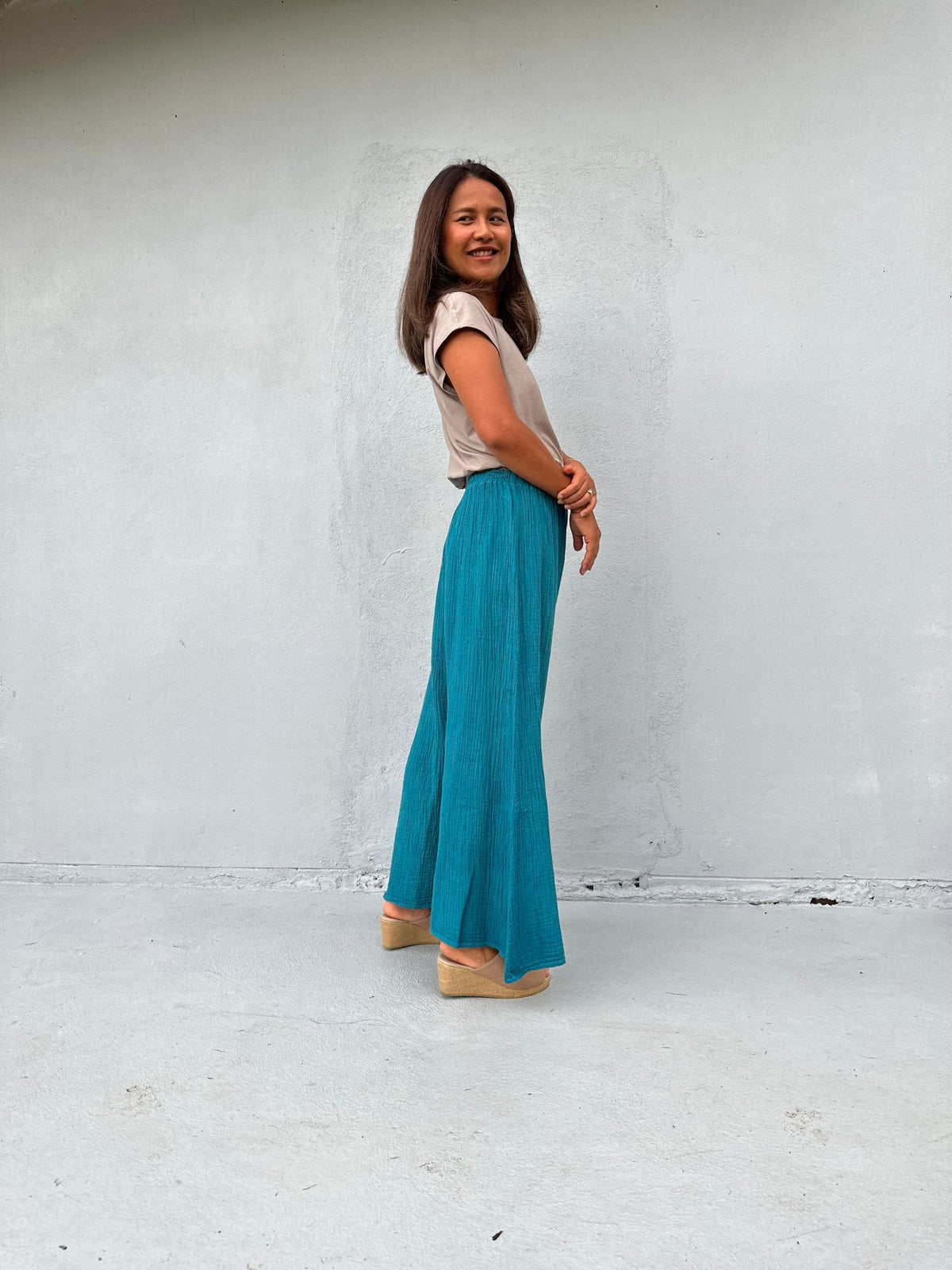 Vivian Wide-Leg Cotton Pants in Turquoise-VV-9-Mala Handworks