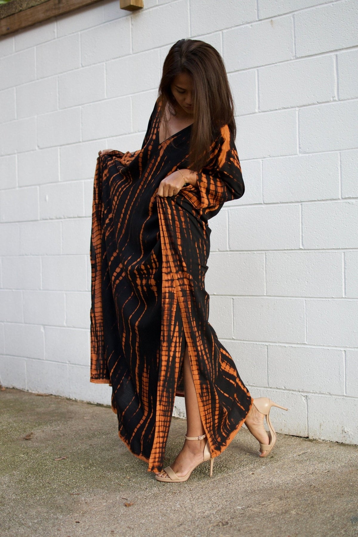 MALA handworks  Mala Kaftan in Black and Dark Orange Tie Dye