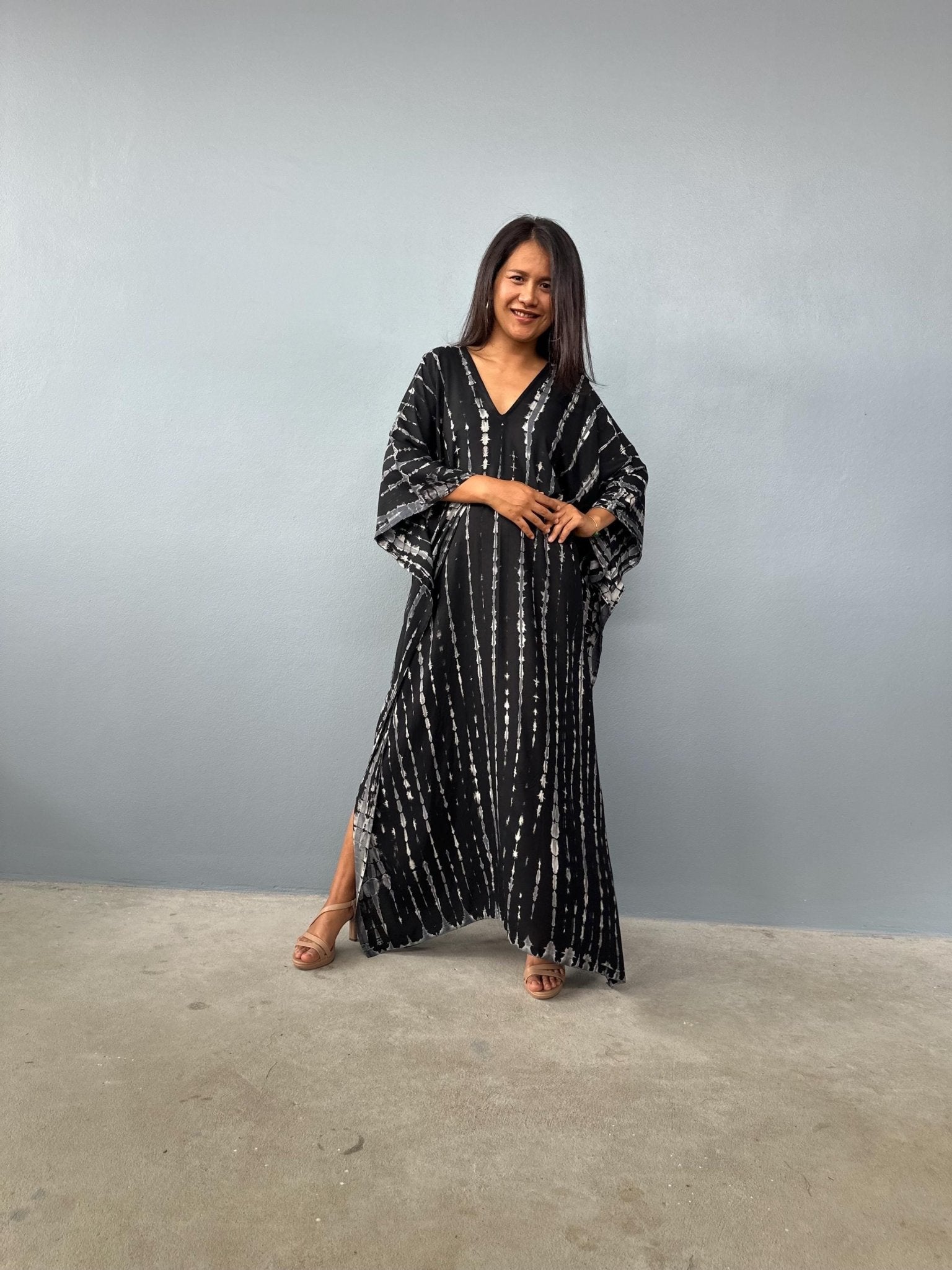 Mala Handworks  Mala Kaftan in Black with Gray Tie Dye