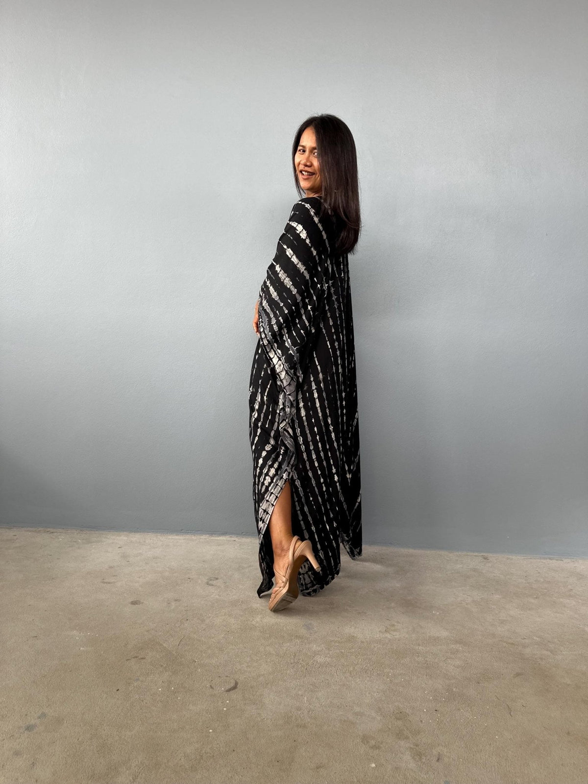 Mala Handworks  Mala Kaftan in Black with Gray Tie Dye