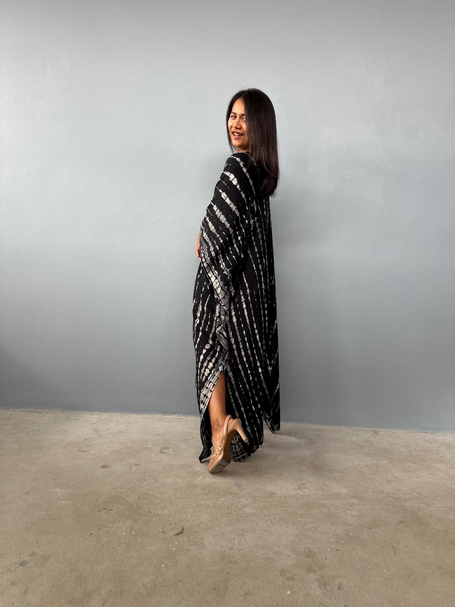 Mala Handworks  Mala Kaftan in Black with Gray Tie Dye