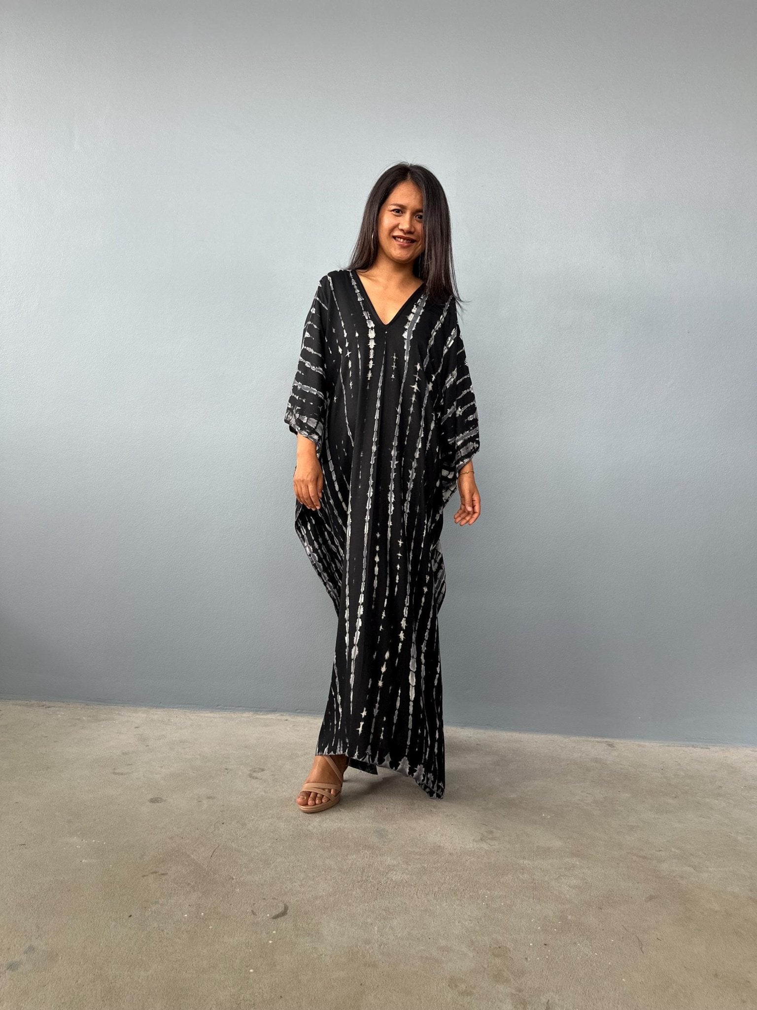 Mala Handworks  Mala Kaftan in Black with Gray Tie Dye