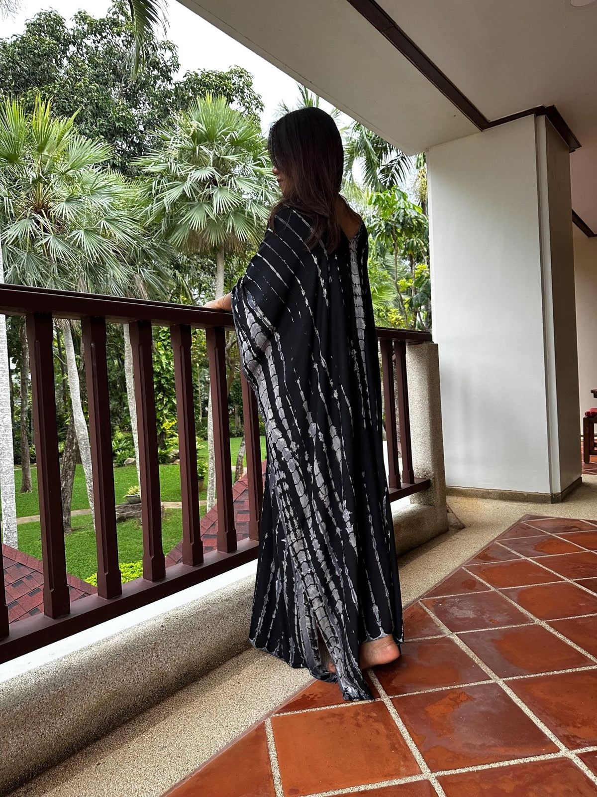 Mala Handworks  Mala Kaftan in Black with Gray Tie Dye