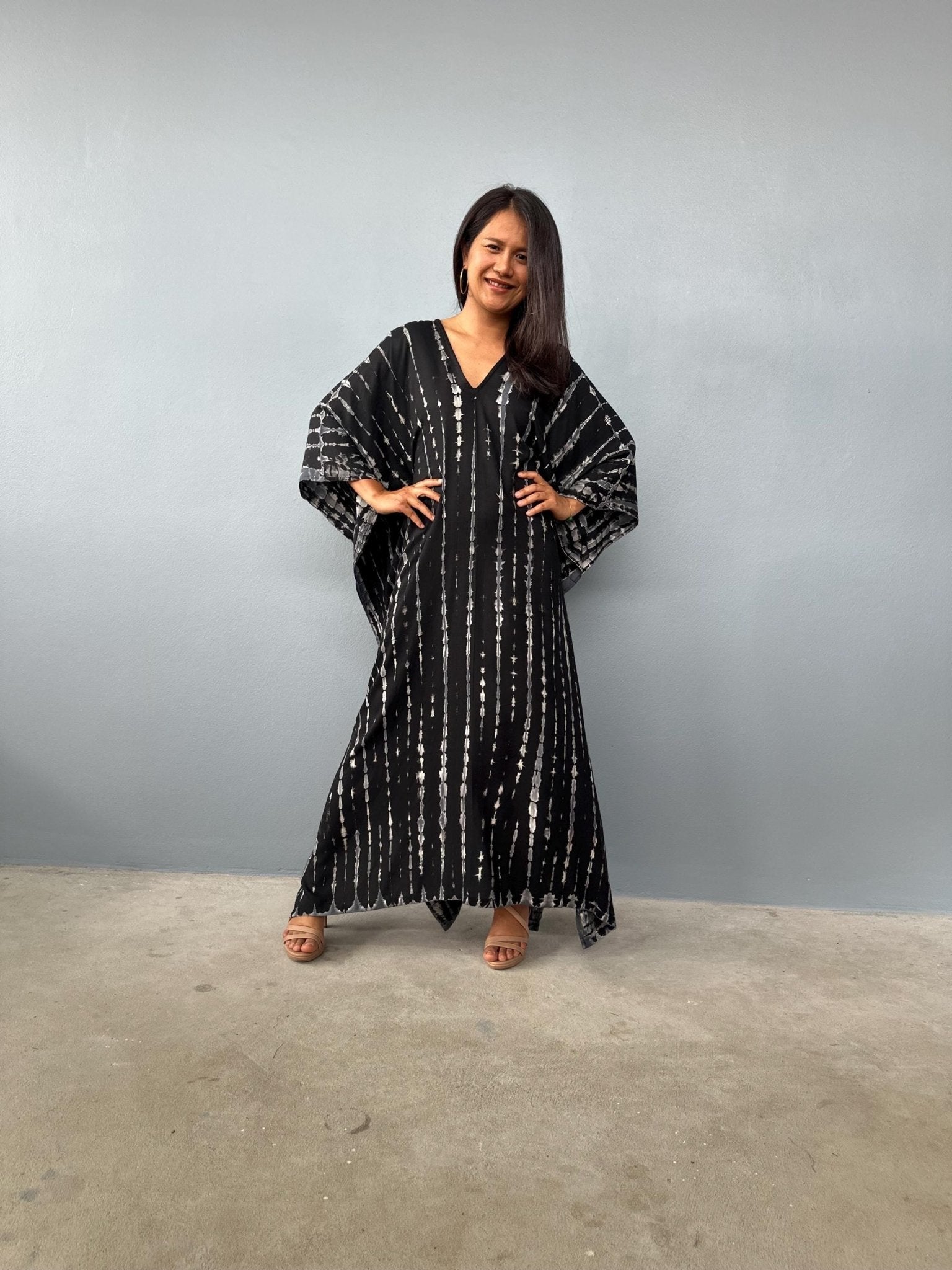 Mala Handworks  Mala Kaftan in Black with Gray Tie Dye