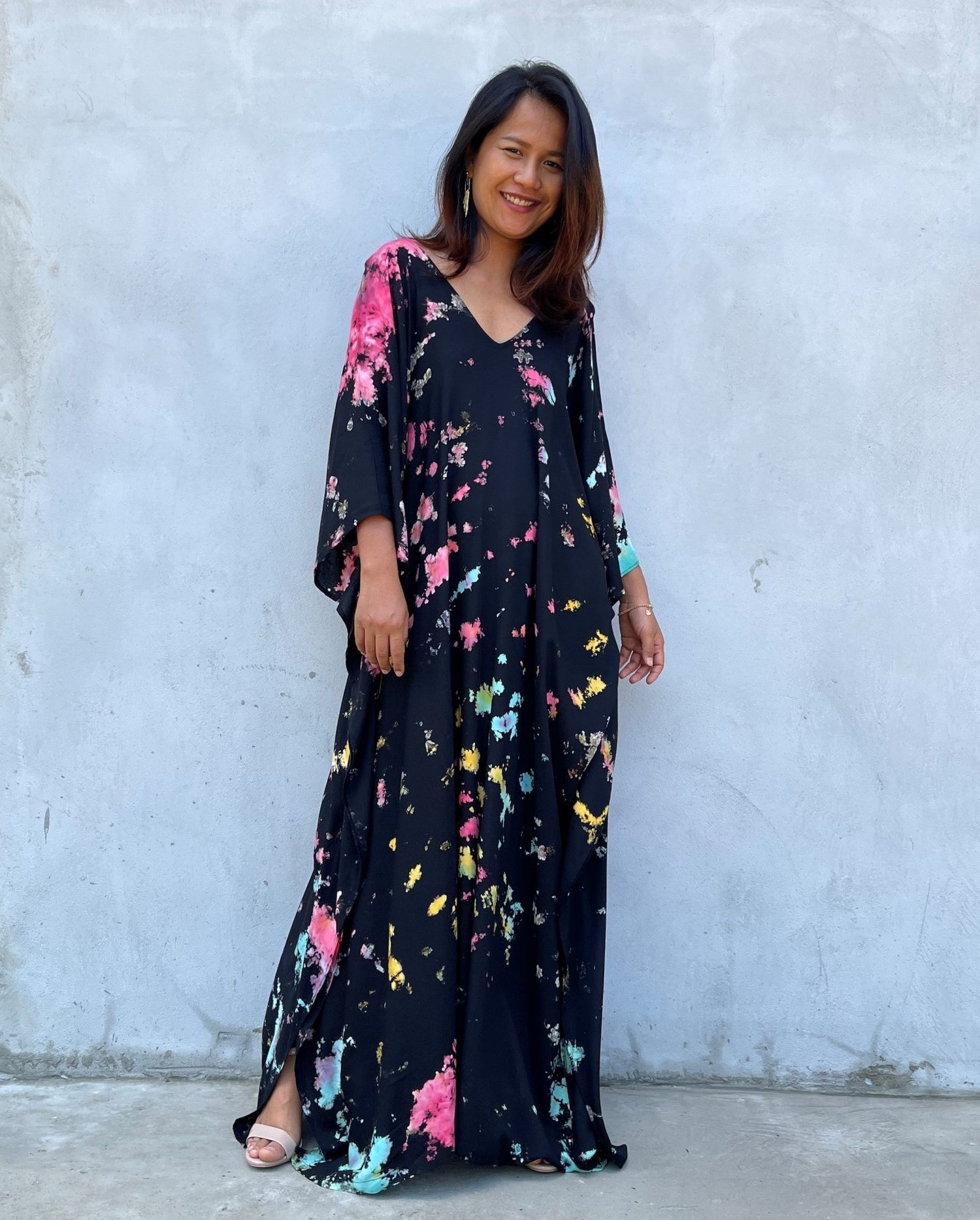 MALA handworks Mala Kaftan in Black and Rainbow Tie Dye
