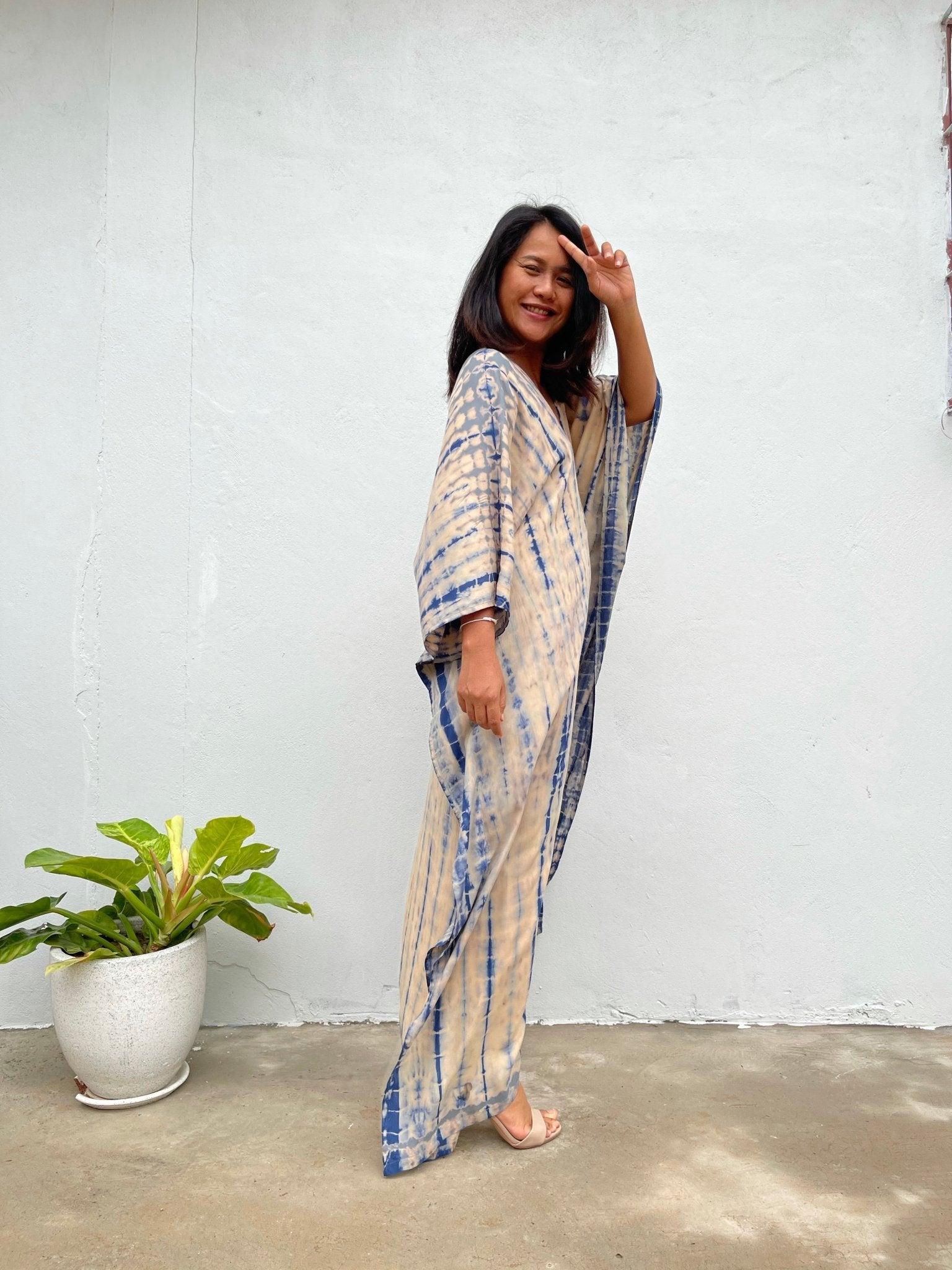 MALA handworks Mala Kaftan in Cream and Blue Tie Dye