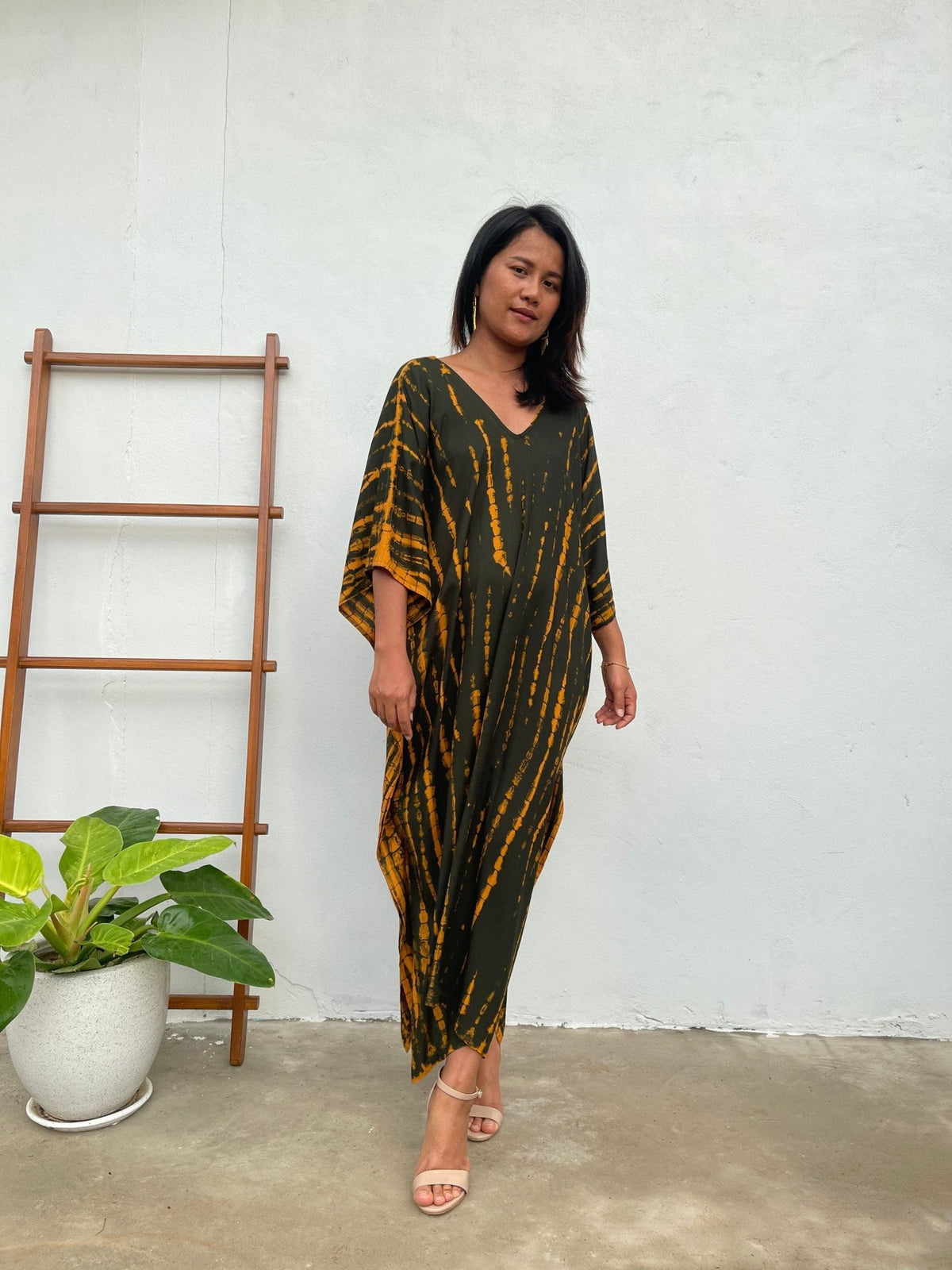 MALA handworks  Mala Kaftan in Dark Olive Green and Orange Tie Dye