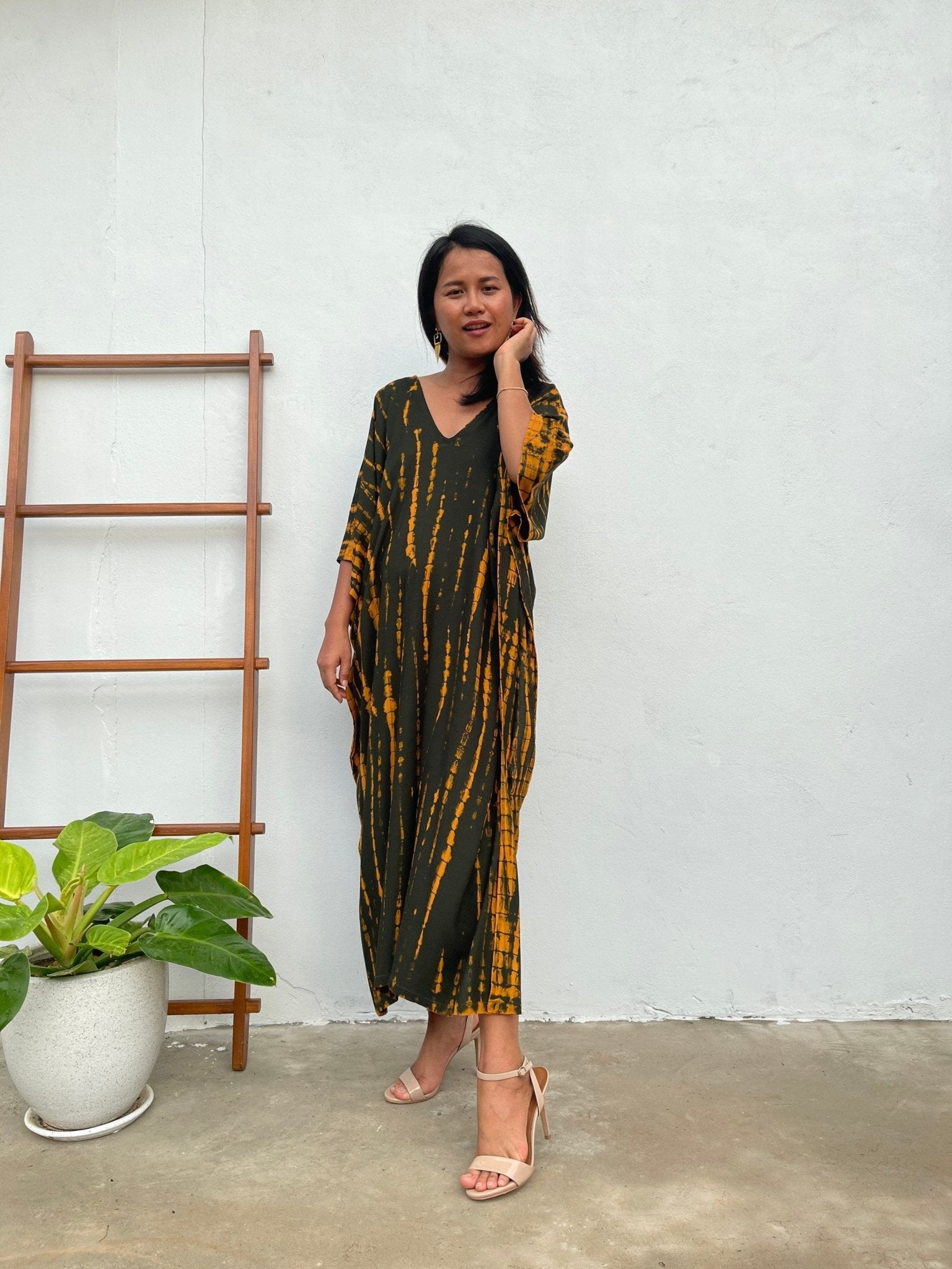 MALA handworks  Mala Kaftan in Dark Olive Green and Orange Tie Dye