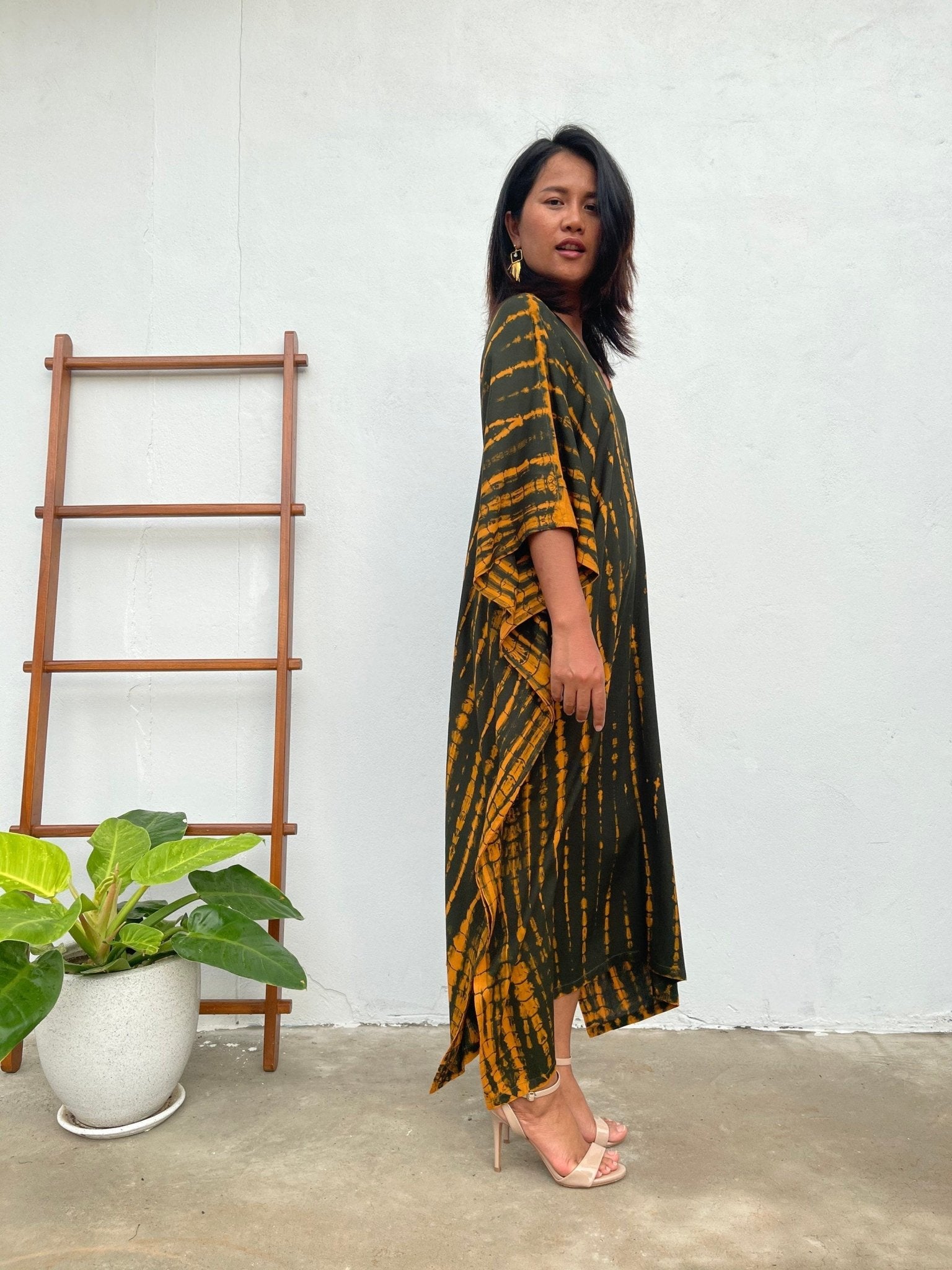 MALA handworks  Mala Kaftan in Dark Olive Green and Orange Tie Dye