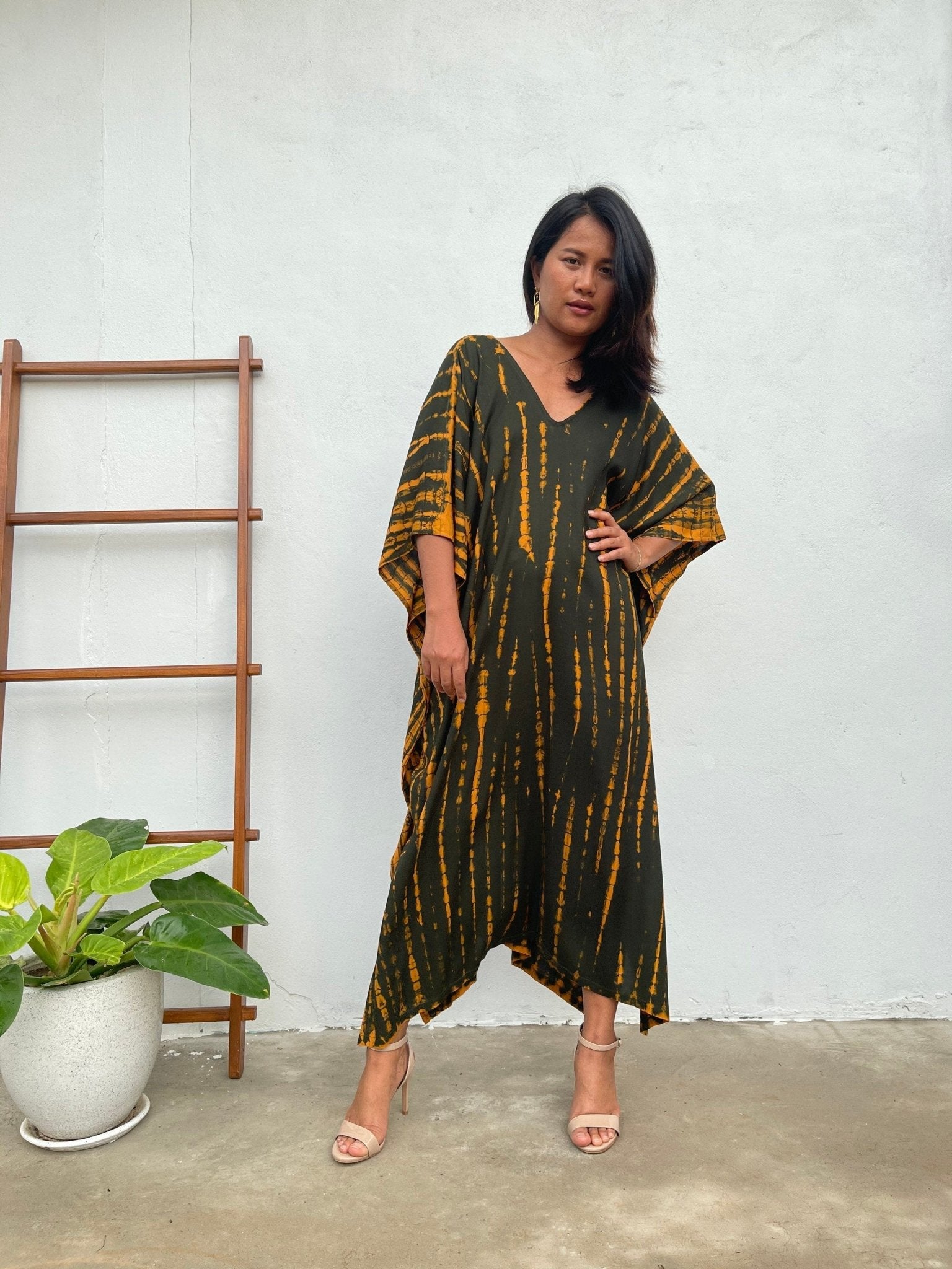 MALA handworks  Mala Kaftan in Dark Olive Green and Orange Tie Dye