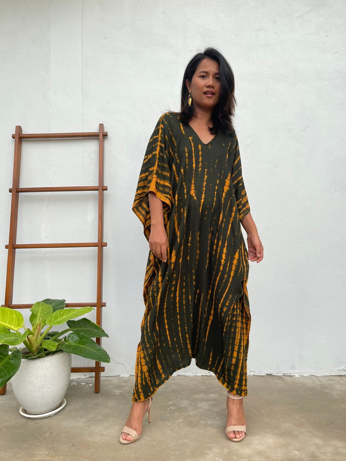 MALA handworks  Mala Kaftan in Dark Olive Green and Orange Tie Dye