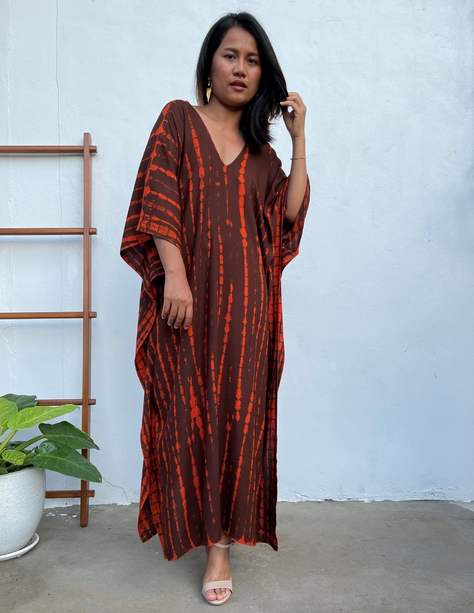 MALA handworks Mala Kaftan in Earthy Red and Umber Brown Tie Dye