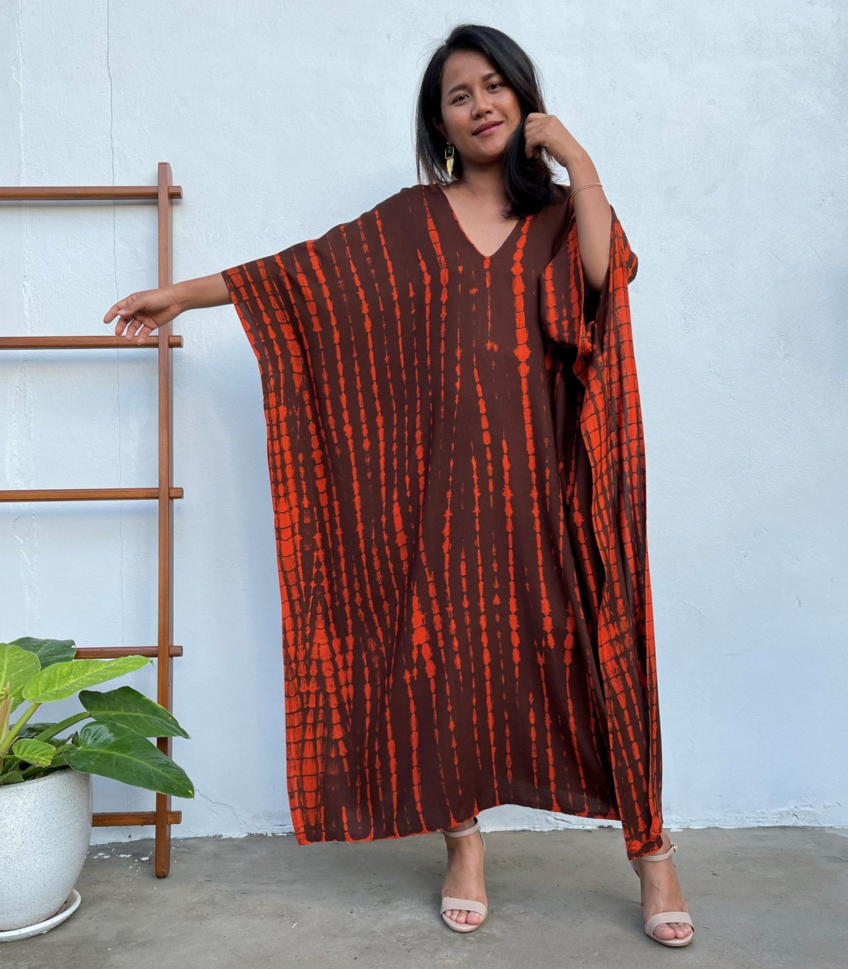 MALA handworks Mala Kaftan in Earthy Red and Umber Brown Tie Dye