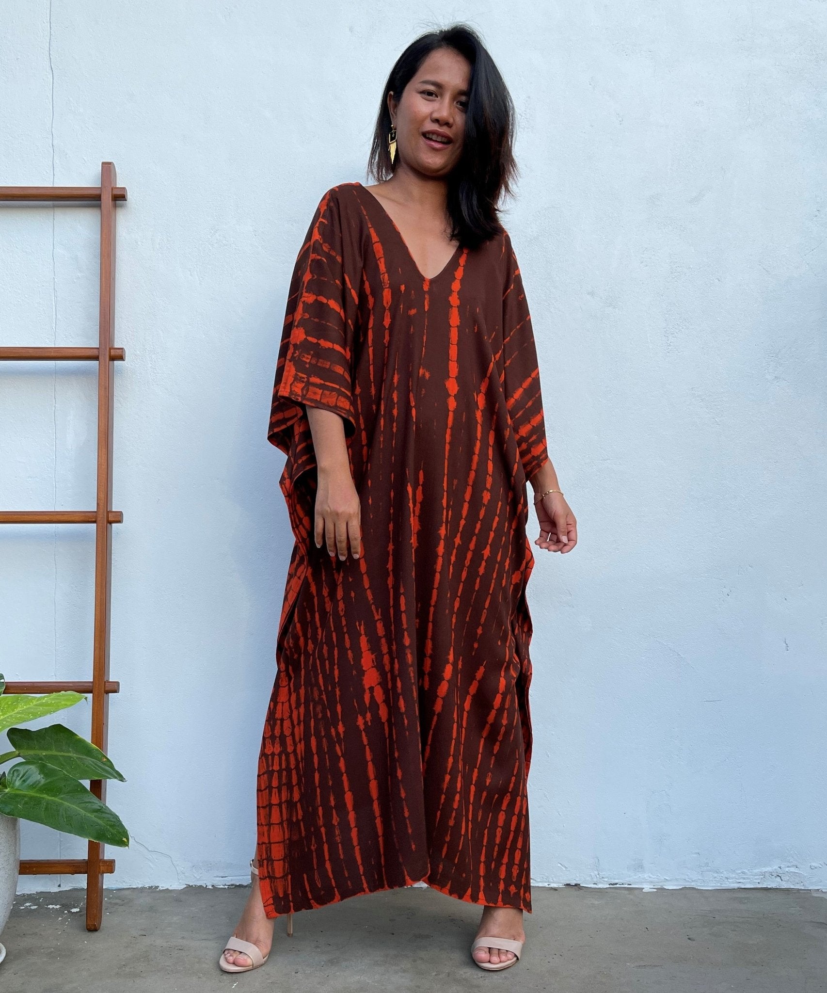 MALA handworks Mala Kaftan in Earthy Red and Umber Brown Tie Dye