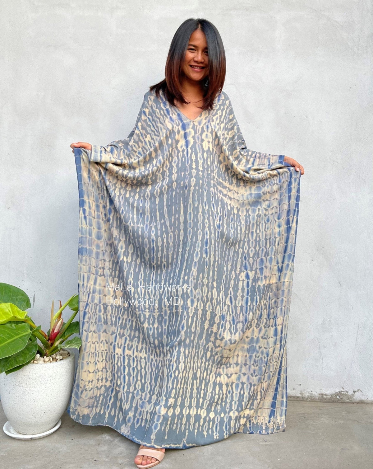 Mala Handworks  Mala Kaftan in Gray with Blue Tie Dye