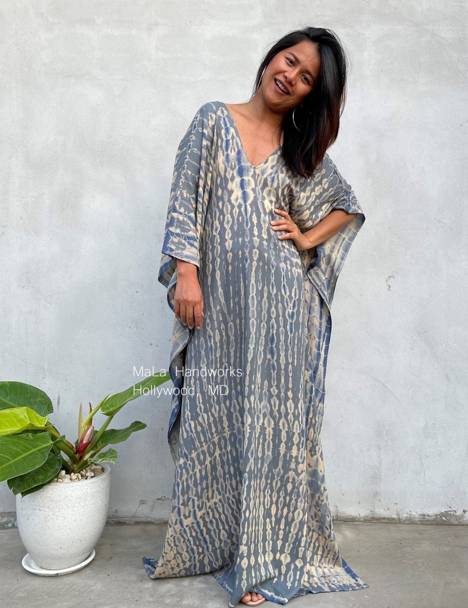 Mala Handworks  45 in Mala Kaftan in Gray with Blue Tie Dye