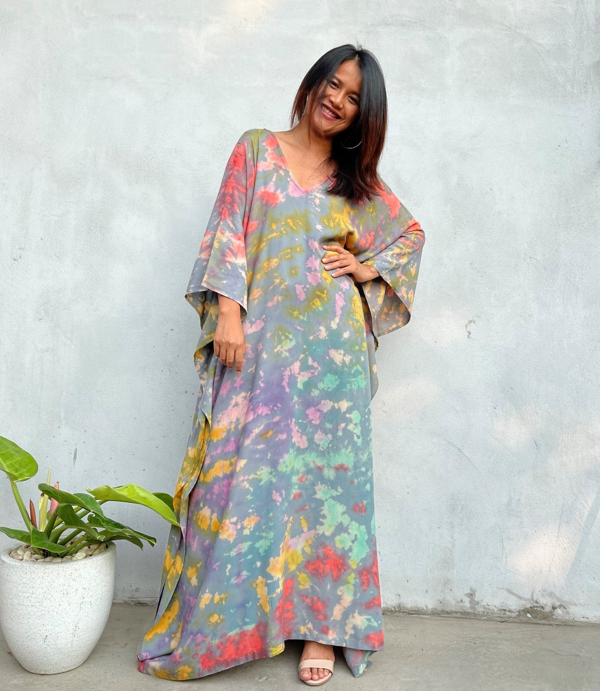 MALA handworks Mala Kaftan in Gray and Rainbow Tie Dye