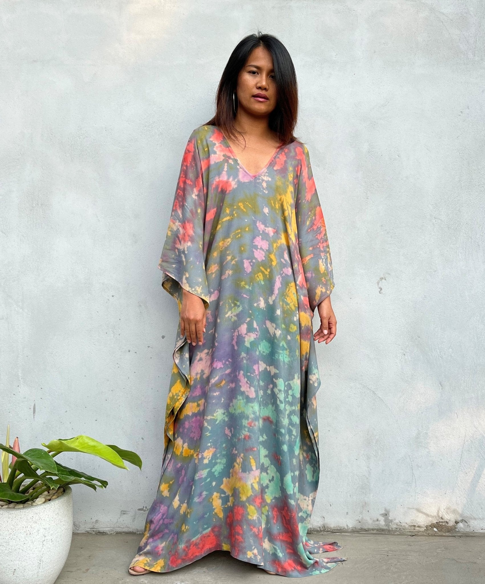 MALA handworks Mala Kaftan in Gray and Rainbow Tie Dye
