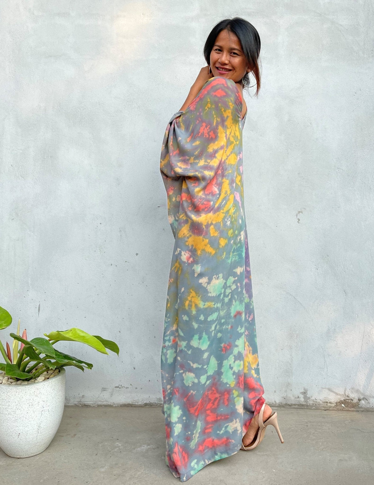 MALA handworks Mala Kaftan in Gray and Rainbow Tie Dye