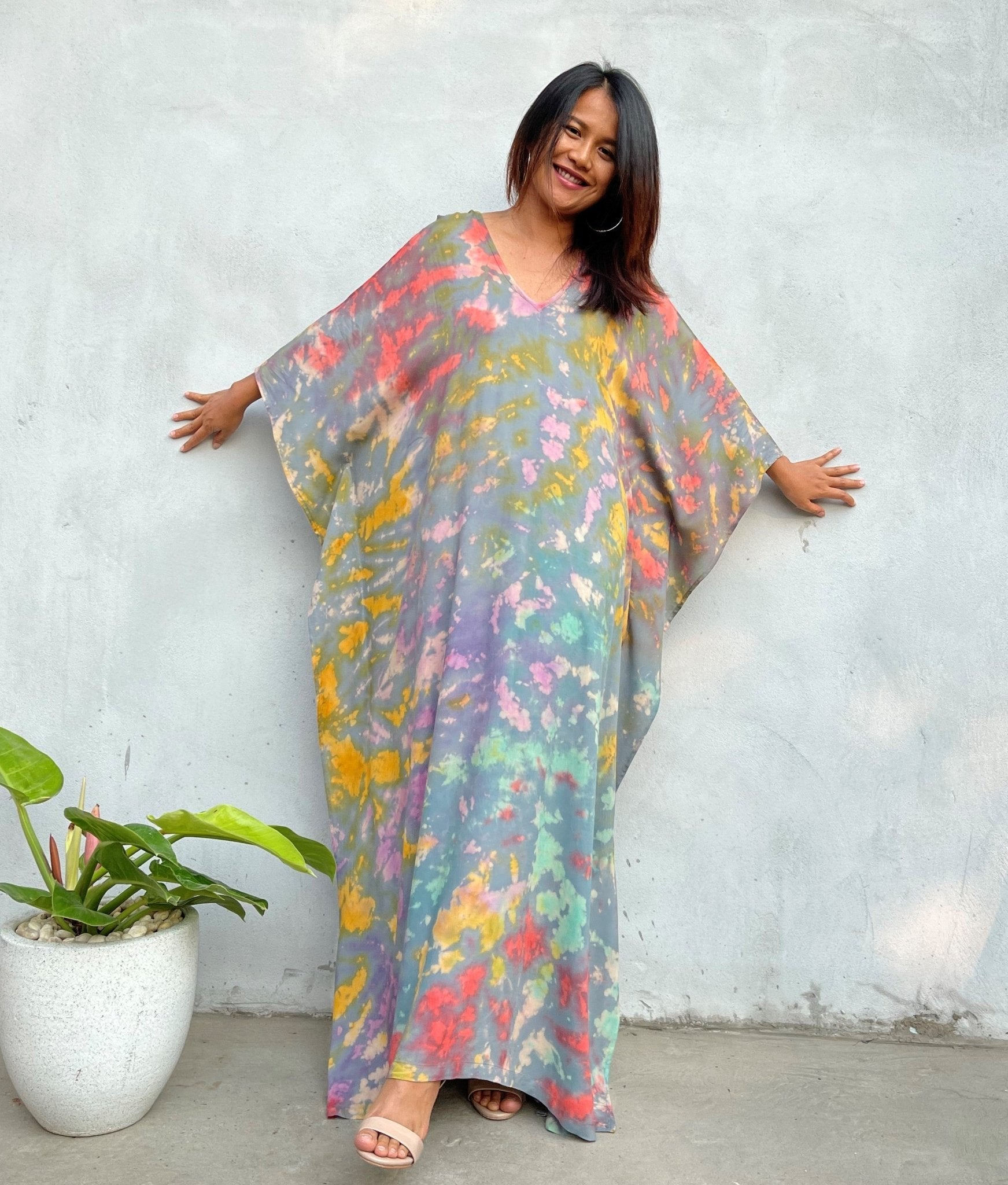 MALA handworks Mala Kaftan in Gray and Rainbow Tie Dye