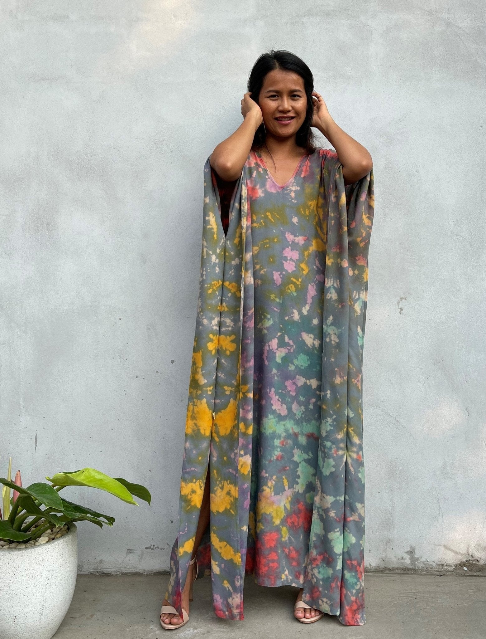 MALA handworks Mala Kaftan in Gray and Rainbow Tie Dye