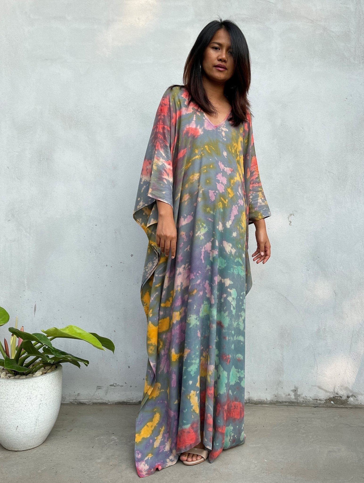 MALA handworks Mala Kaftan in Gray and Rainbow Tie Dye