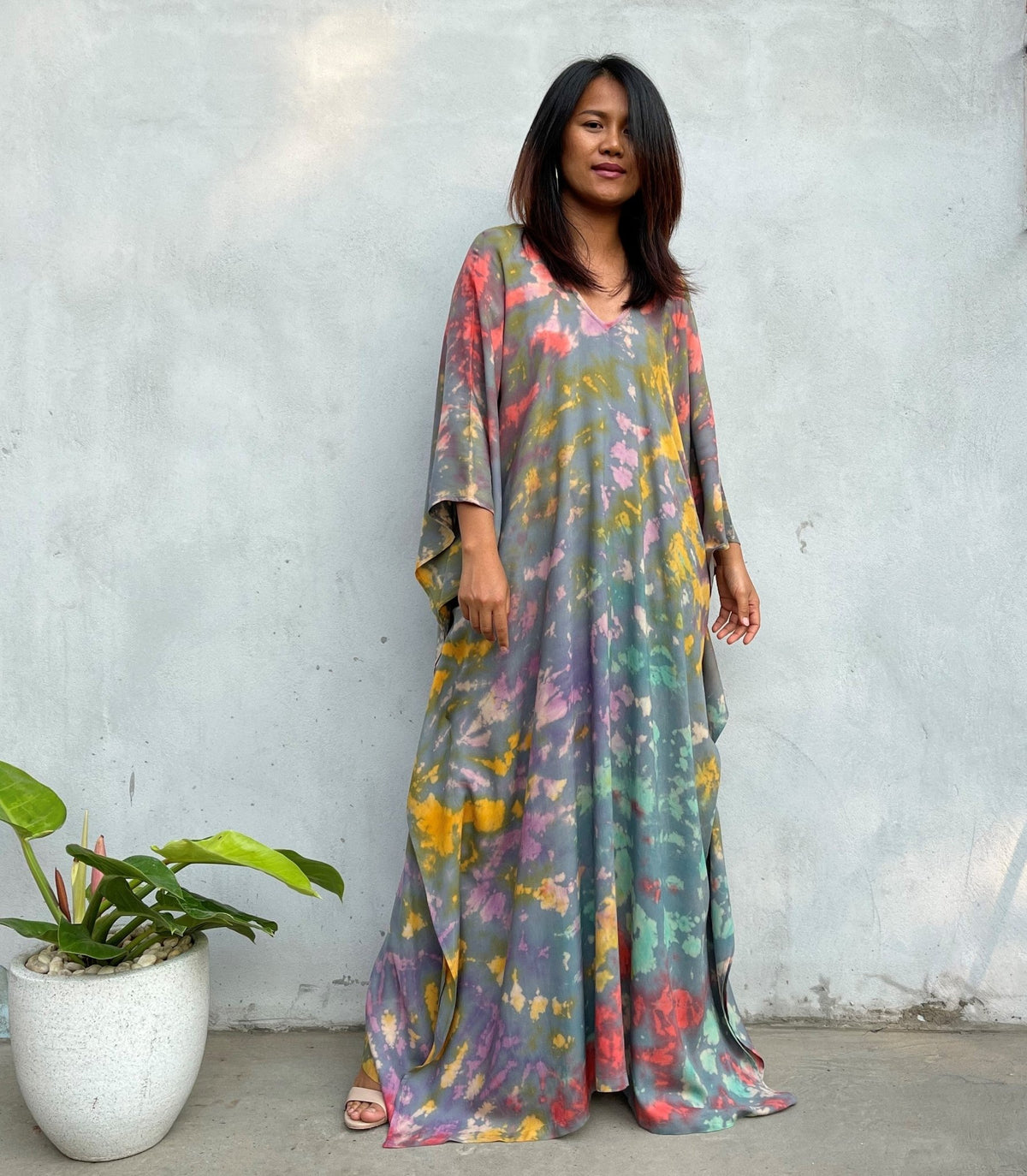 MALA handworks Mala Kaftan in Gray and Rainbow Tie Dye