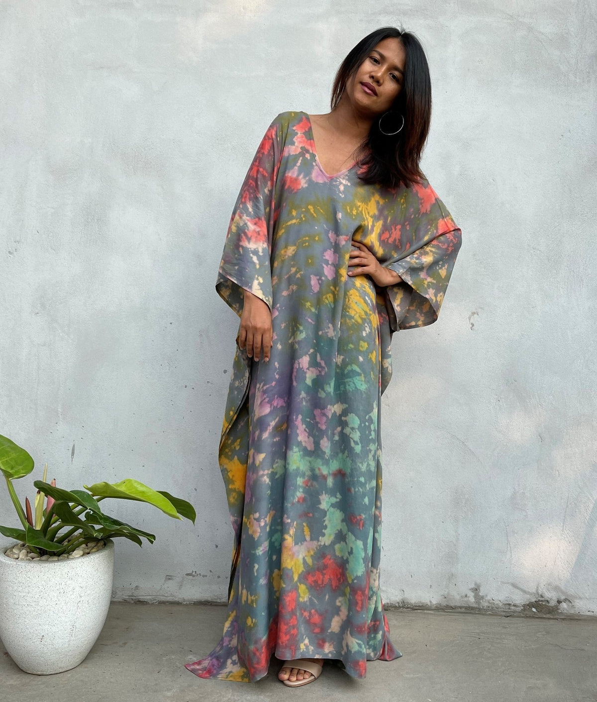 MALA handworks Mala Kaftan in Gray and Rainbow Tie Dye