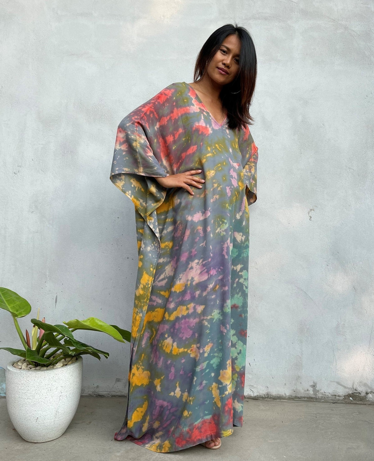 MALA handworks Mala Kaftan in Gray and Rainbow Tie Dye